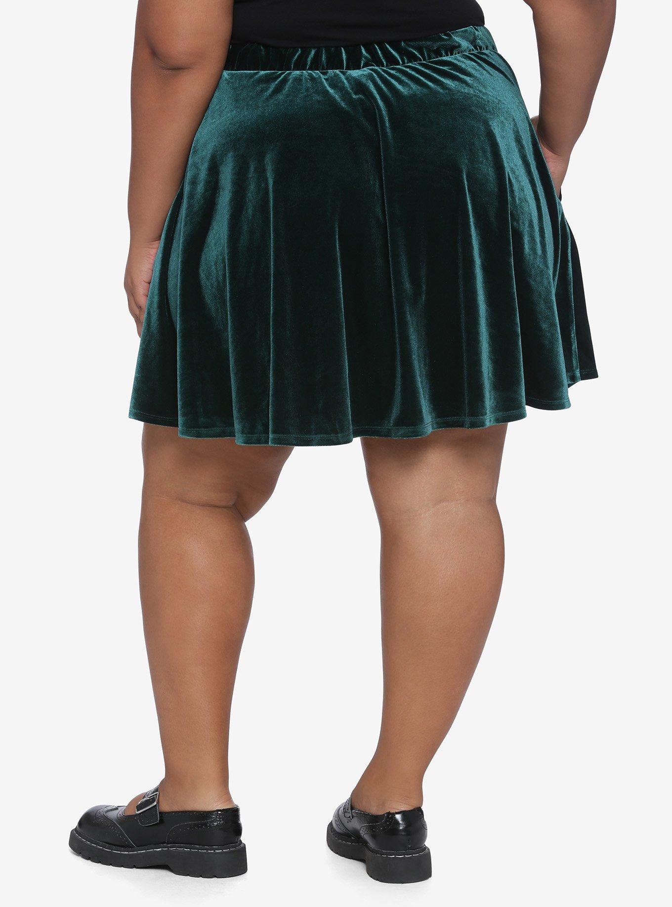 Green Velvet Skater Skirt Plus Size, GREEN, alternate