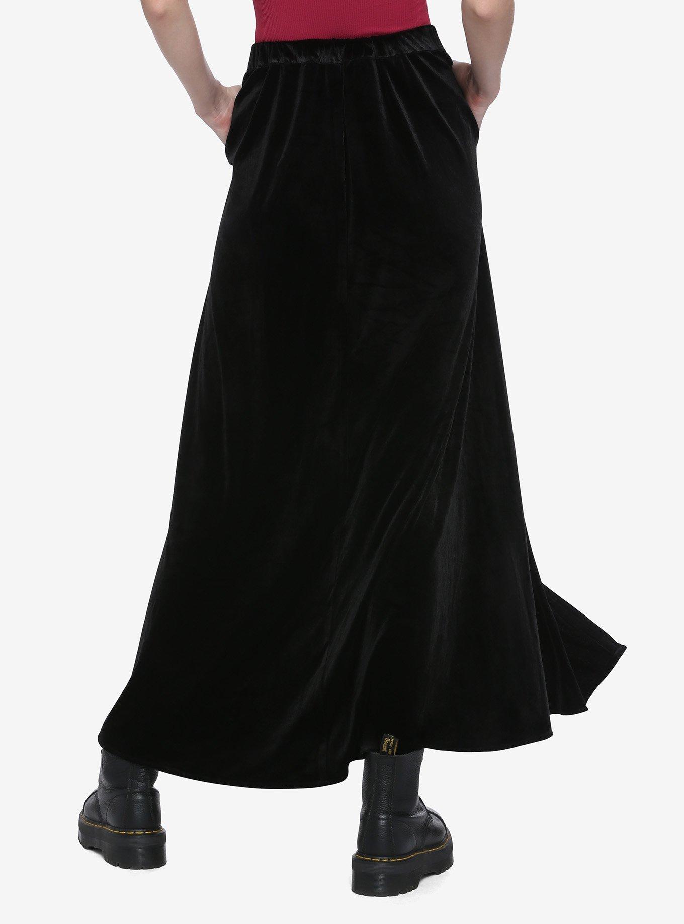 Black Velvet Button-Front Maxi Skirt, BLACK, alternate