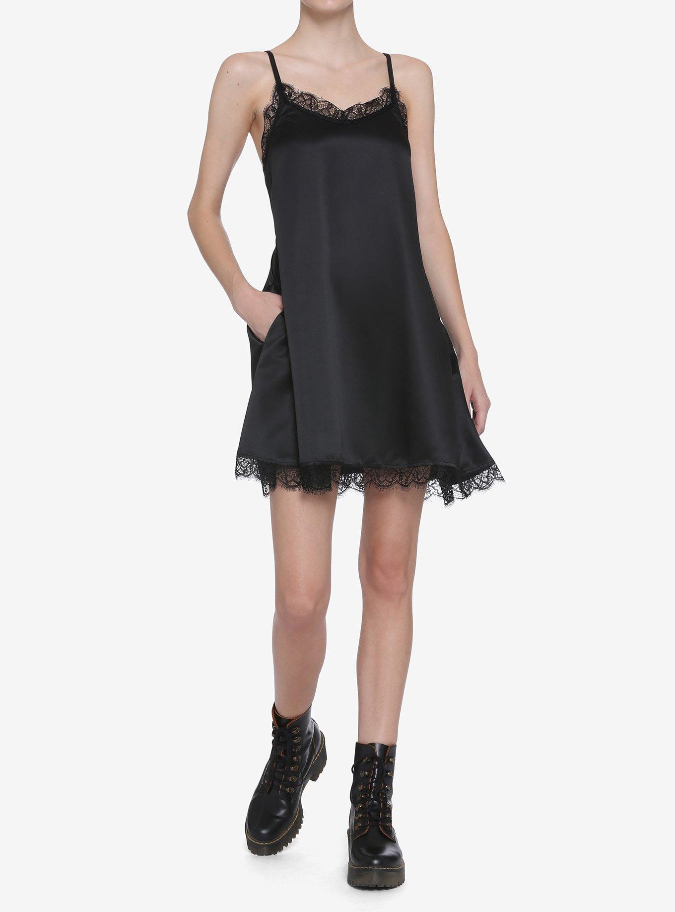 Black Lace Trim Slip Dress, BLACK, alternate