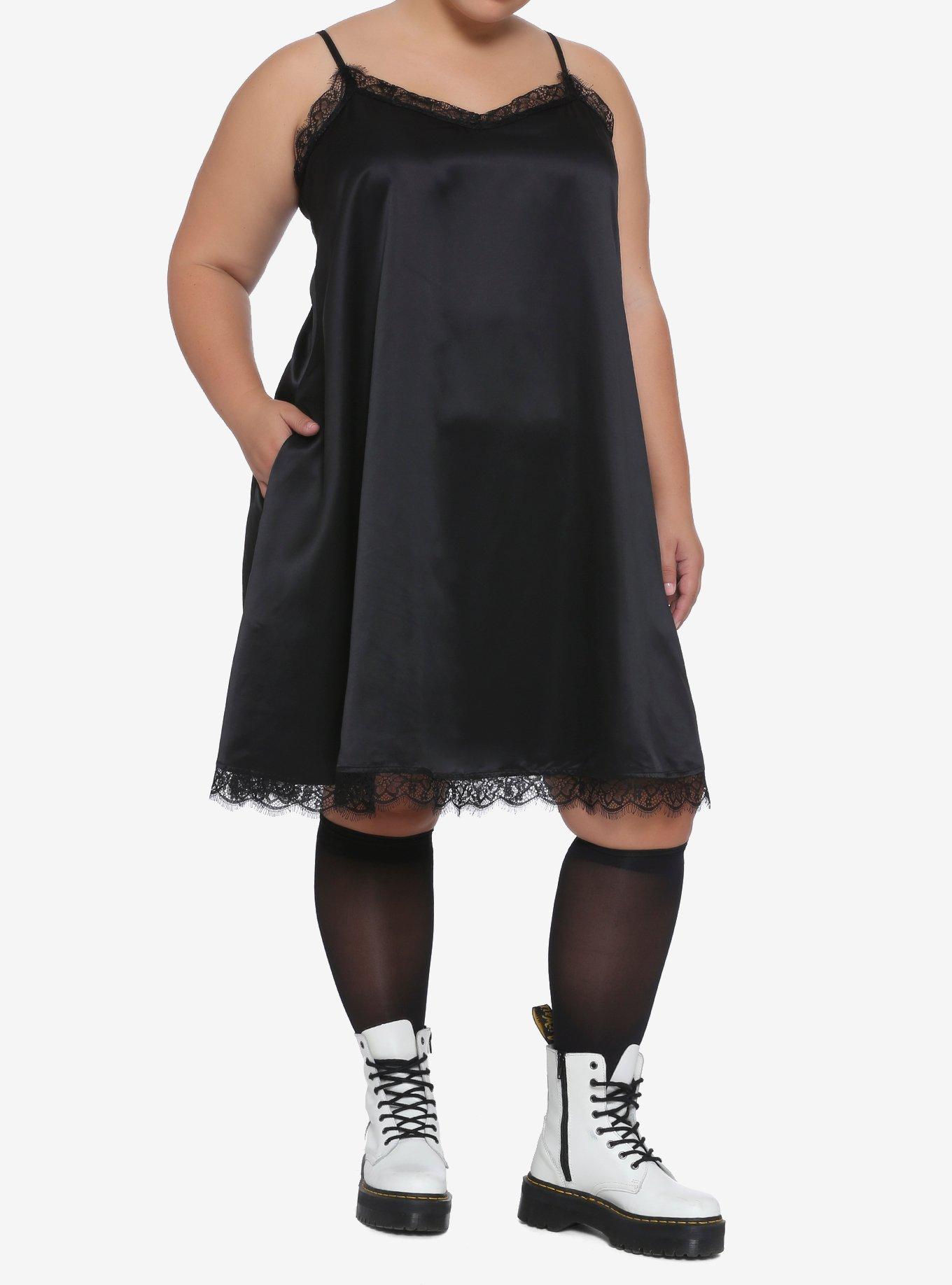 Black Lace Trim Slip Dress Plus Size, BLACK, alternate