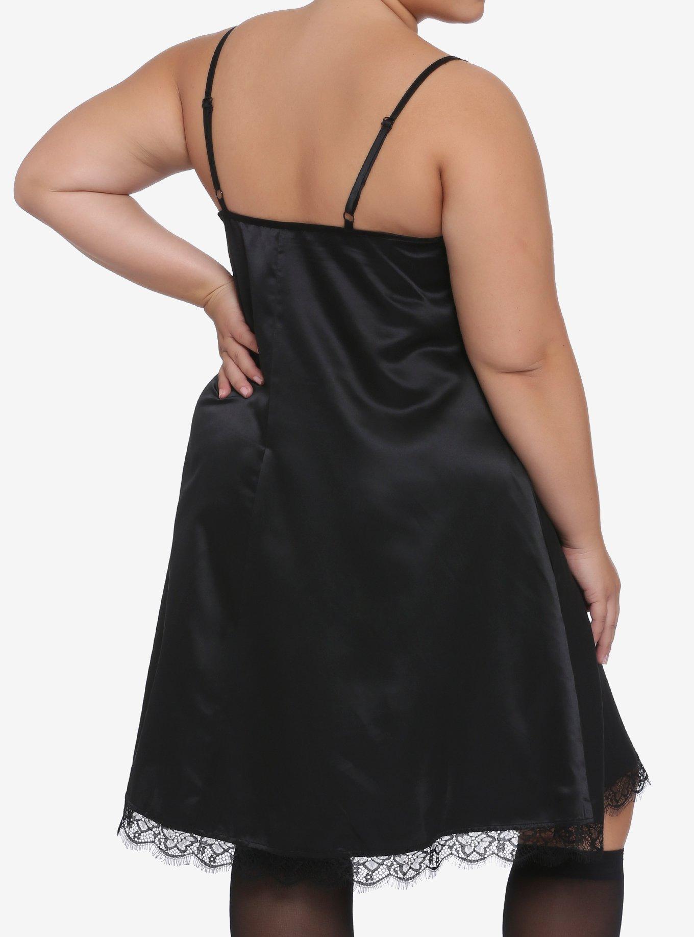 Black Lace Trim Slip Dress Plus Size, BLACK, alternate
