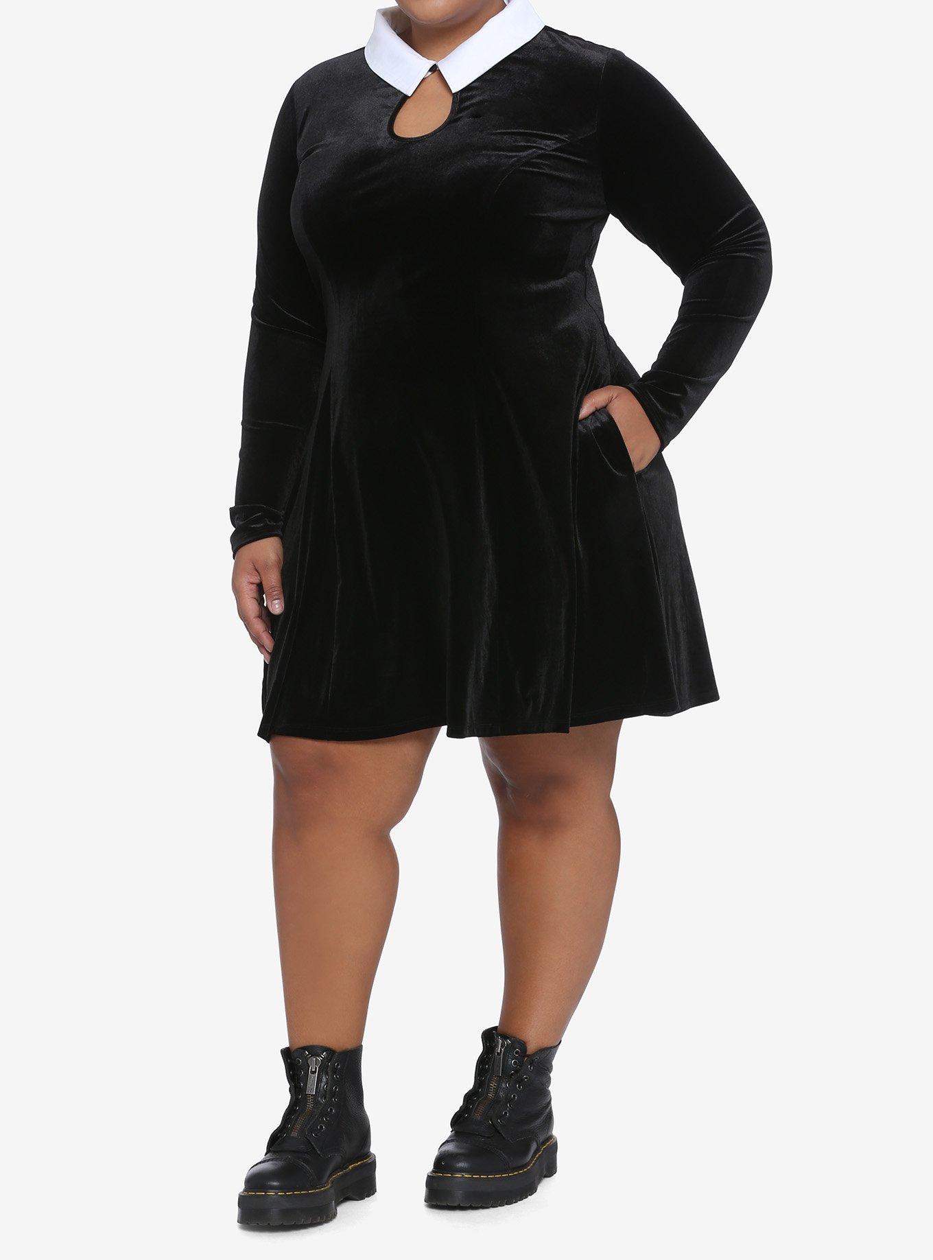 Black Velvet Keyhole Long-Sleeve Dress Plus Size, BLACK  WHITE, alternate