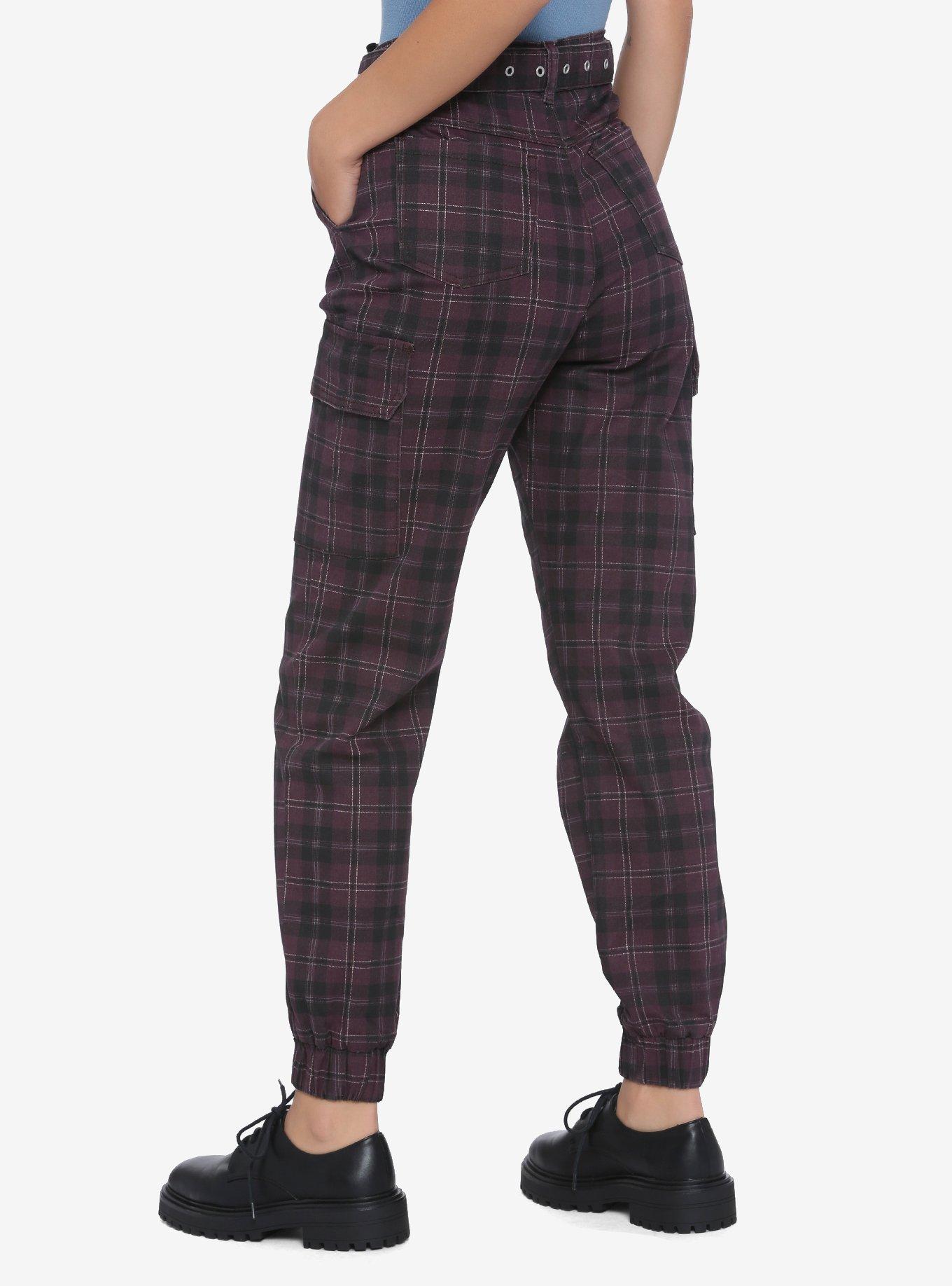 Black & Purple Plaid Cargo Pants, PLAID - PURPLE, alternate