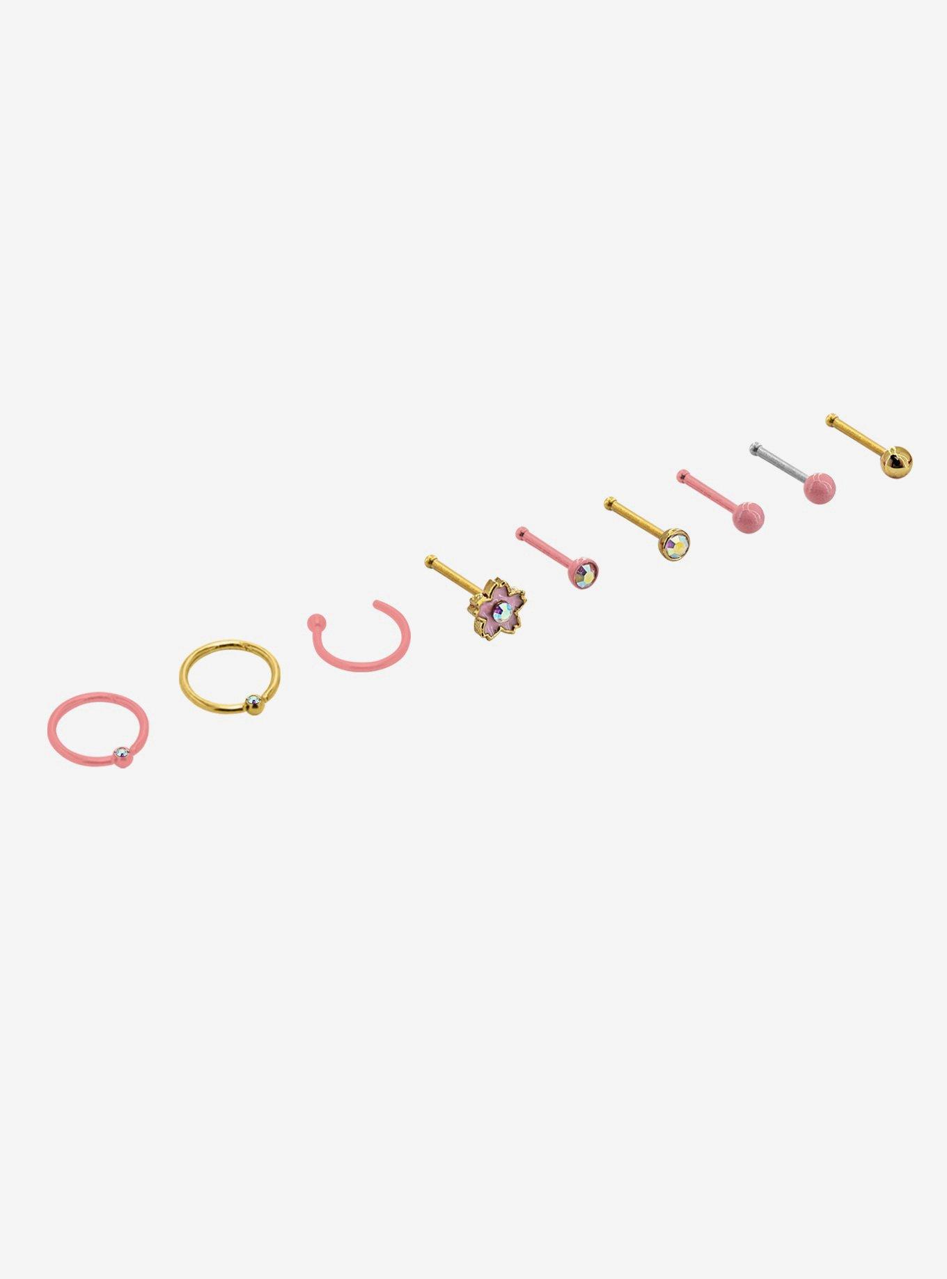 Steel Pink Gold Sakura Nose Stud & Hoop 9 Pack, MULTI, alternate