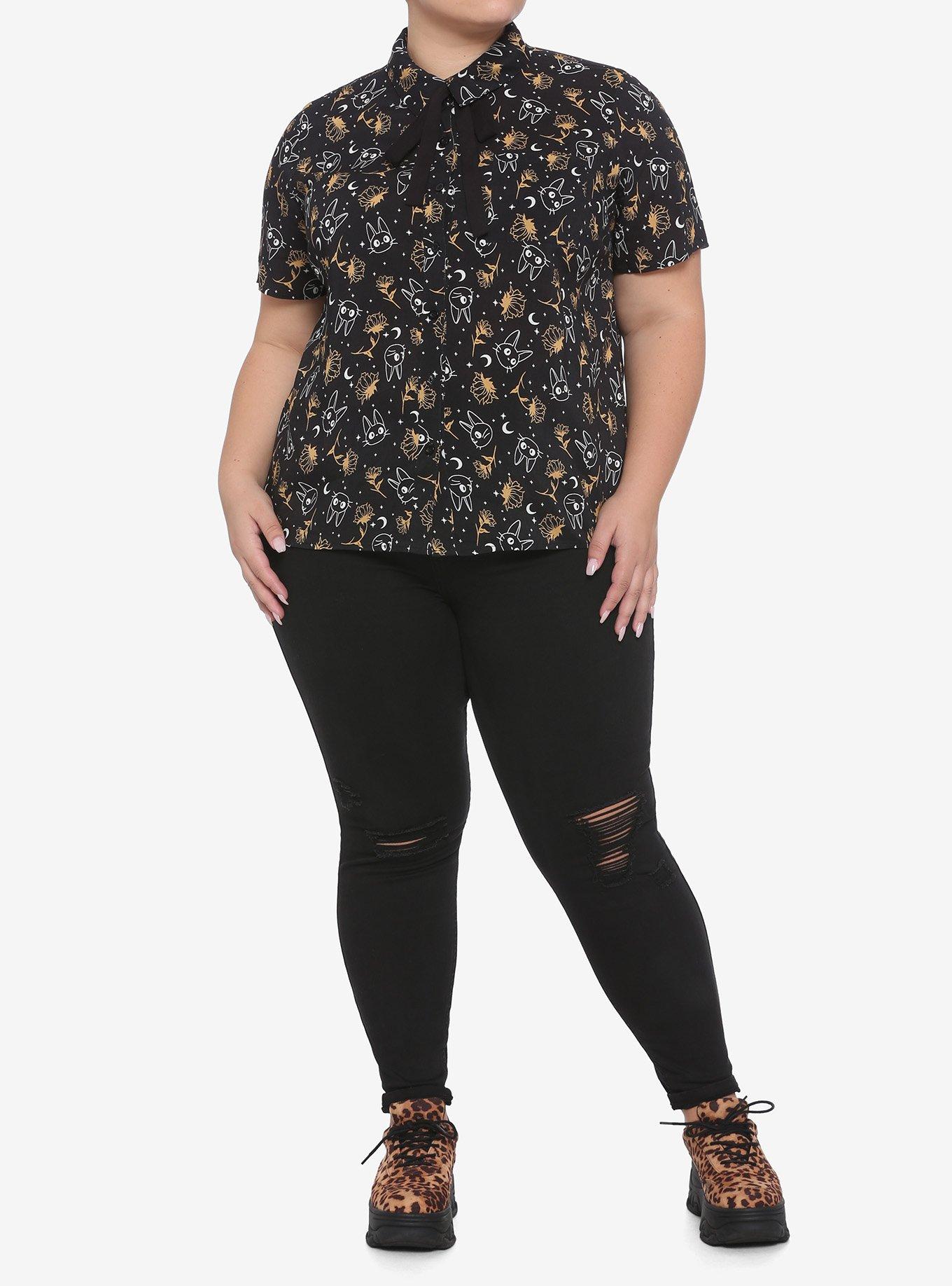 Her Universe Studio Ghibli Kiki's Delivery Service Jiji & Flowers Woven Button-Up Plus Size, MULTI, alternate