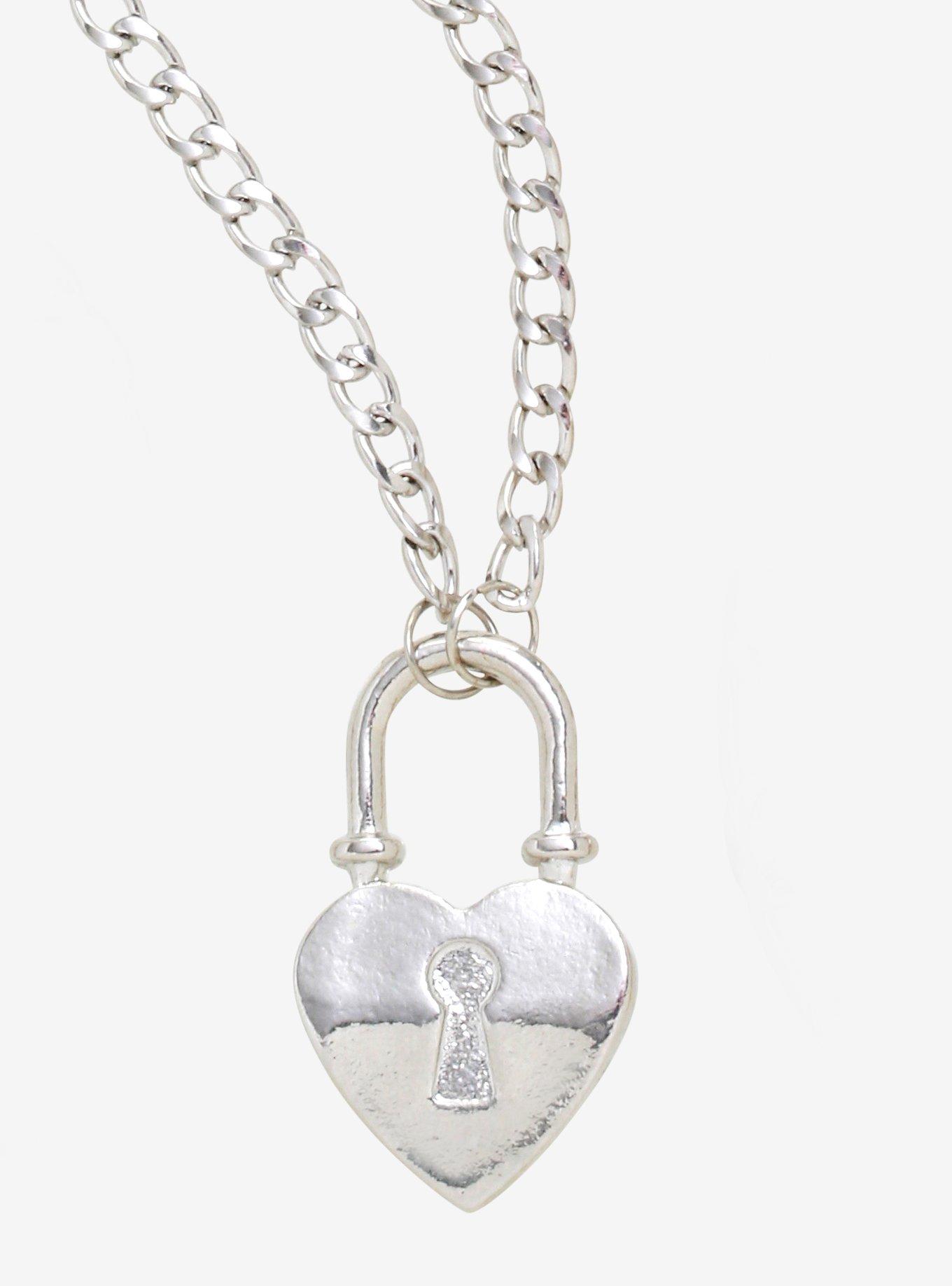 Heart Padlock Silver Chain Necklace Set, , alternate