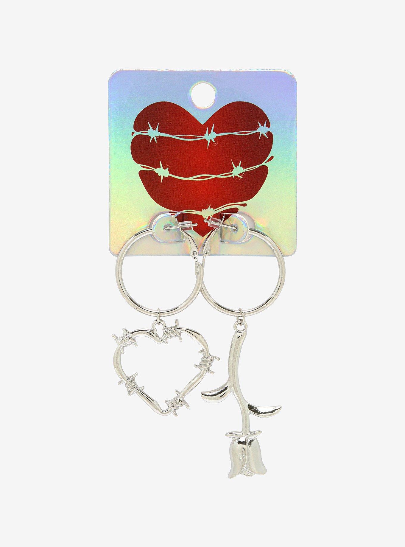 Rose Barbed Wire Heart Mismatch Hoop Earrings, , alternate