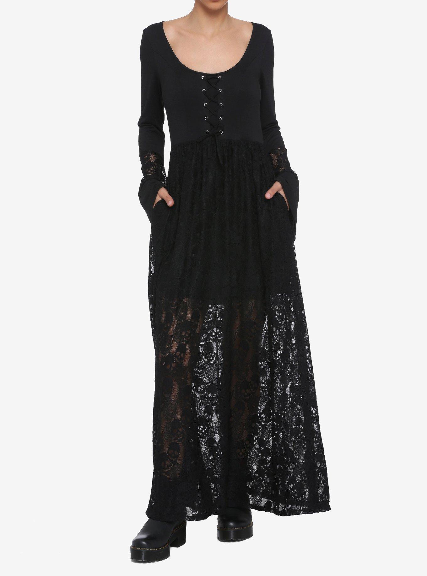 Skull Lace Bell Sleeve Maxi Dress, BLACK, alternate