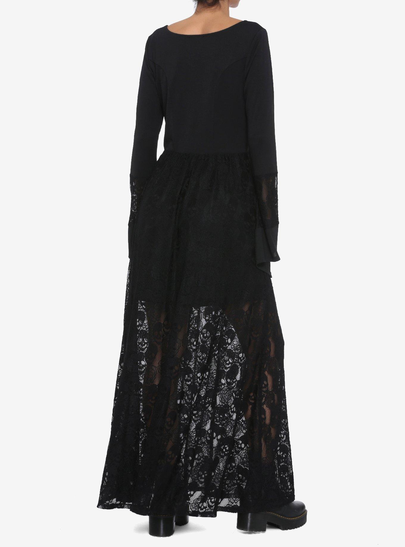 Skull Lace Bell Sleeve Maxi Dress, BLACK, alternate