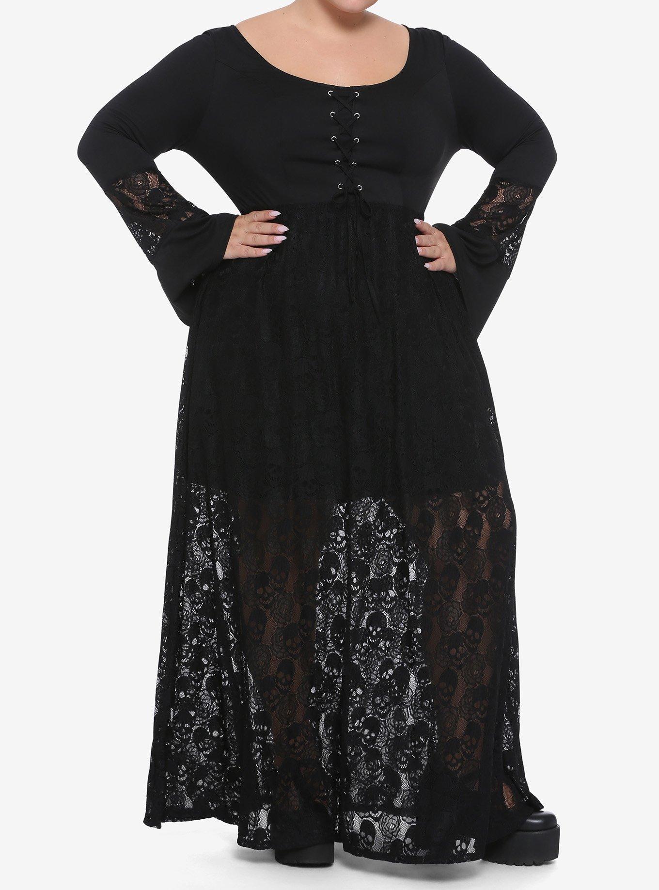 Skull Lace Bell Sleeve Maxi Dress Plus Size, BLACK, alternate