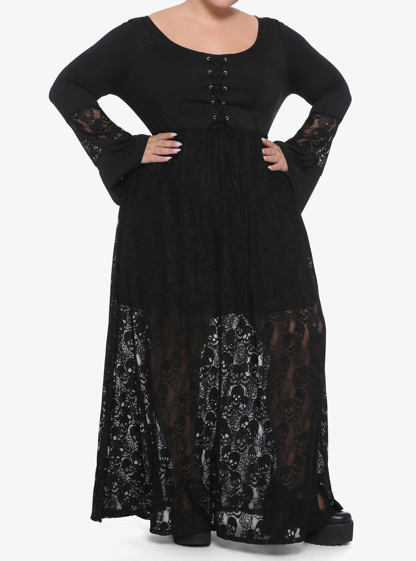 Skull Lace Bell Sleeve Maxi Dress Plus Size, , hi-res