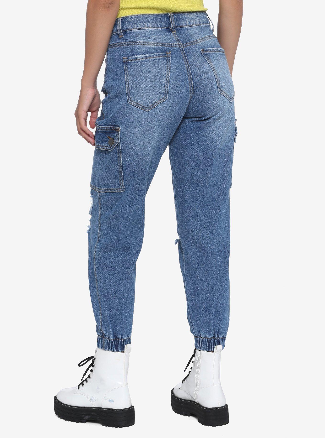 Indigo Denim Destructed Girls Jogger Pants, INDIGO, alternate