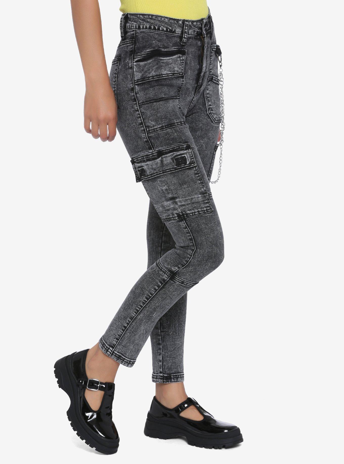 Black Washed Pockets & Chains Skinny Jeans, BLACK, alternate
