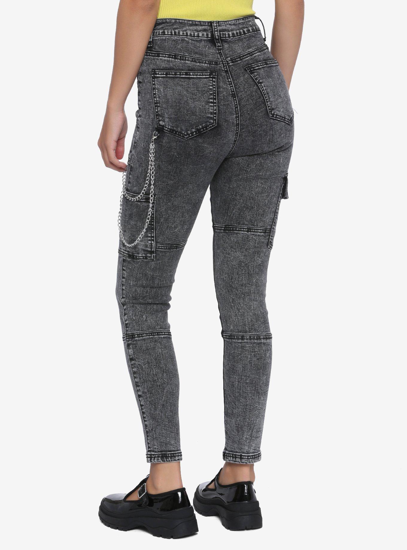 Black Washed Pockets & Chains Skinny Jeans, BLACK, alternate