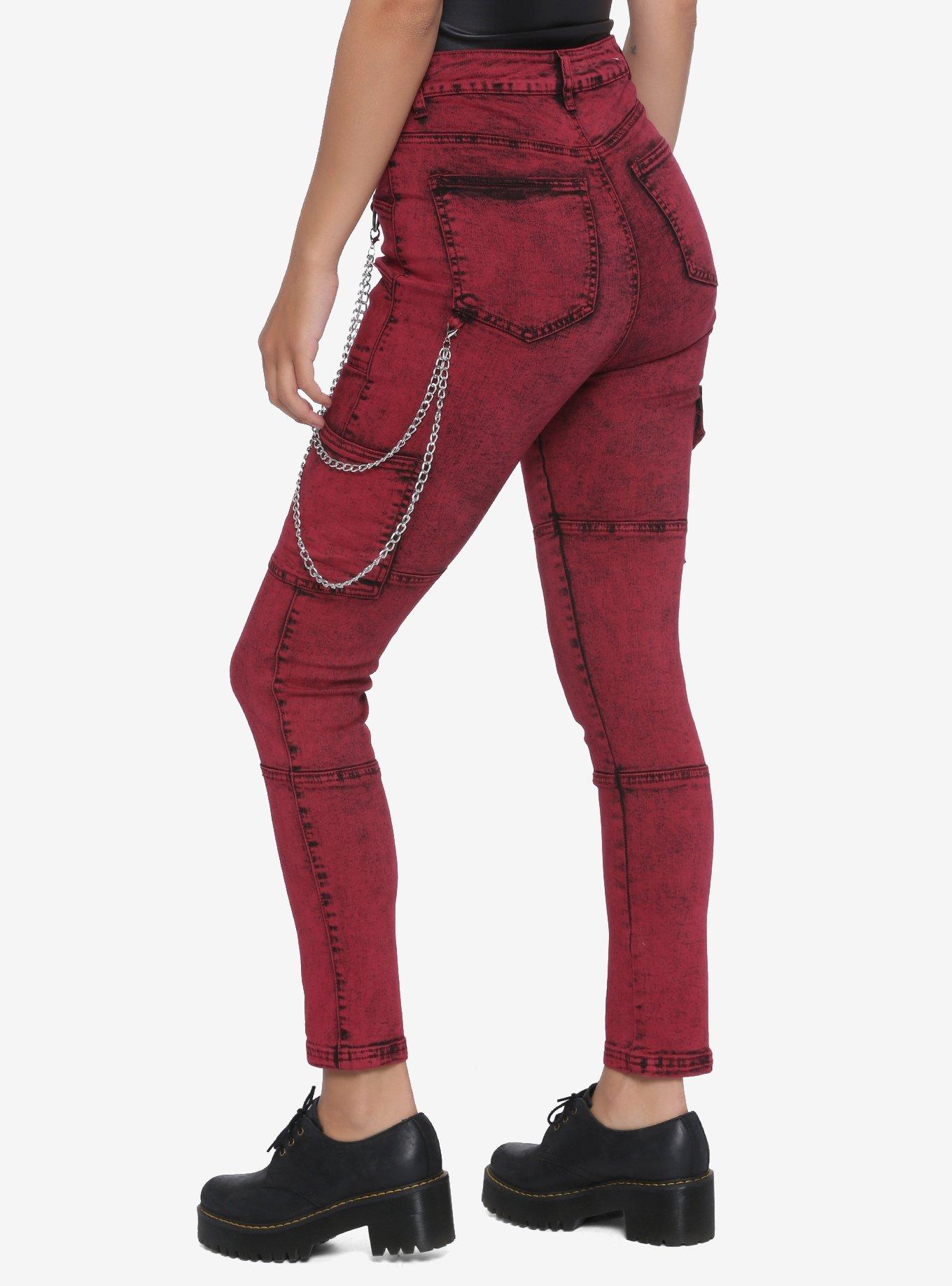 Pockets & Chains Red Washed Skinny Jeans, RED, alternate