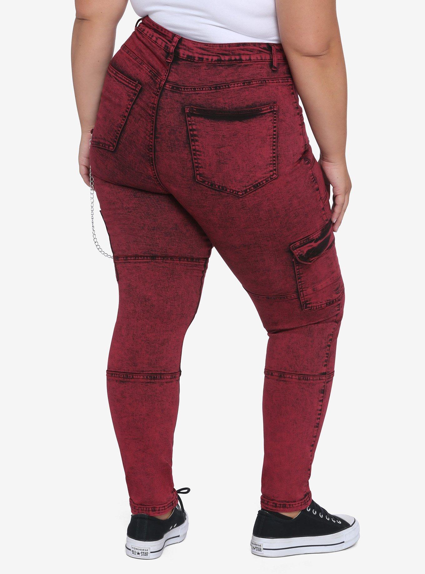 Pockets & Chains Red Washed Skinny Jeans Plus Size, RED, alternate