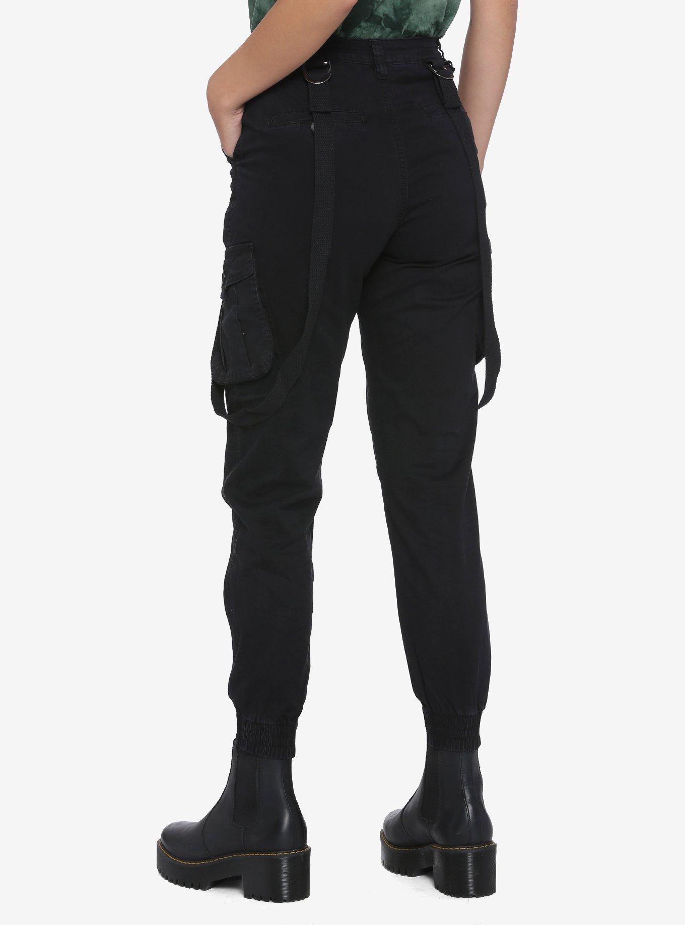 Black Suspender Cargo Pants, BLACK, alternate