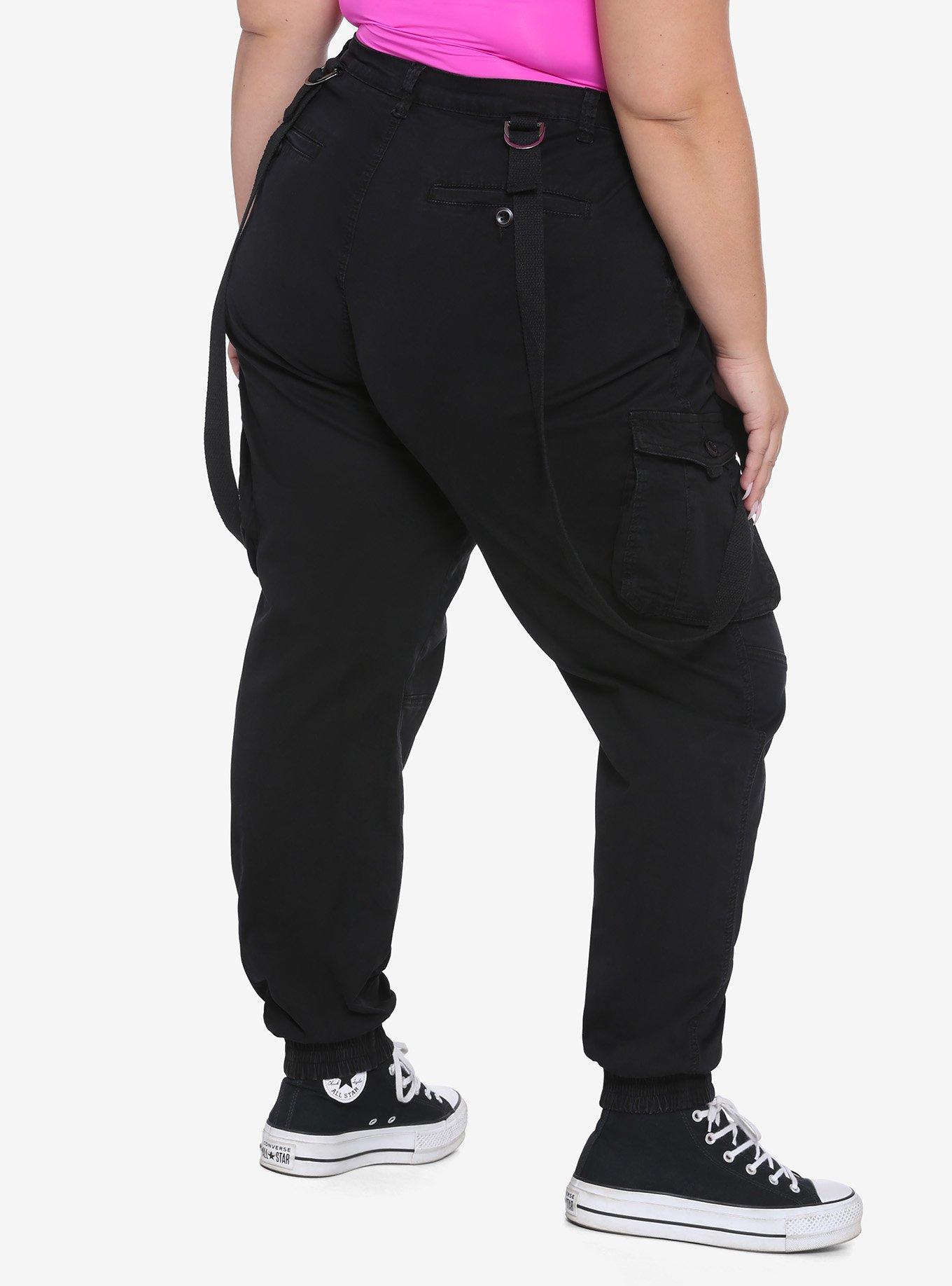 Black Suspender Cargo Pants Plus Size, BLACK, alternate