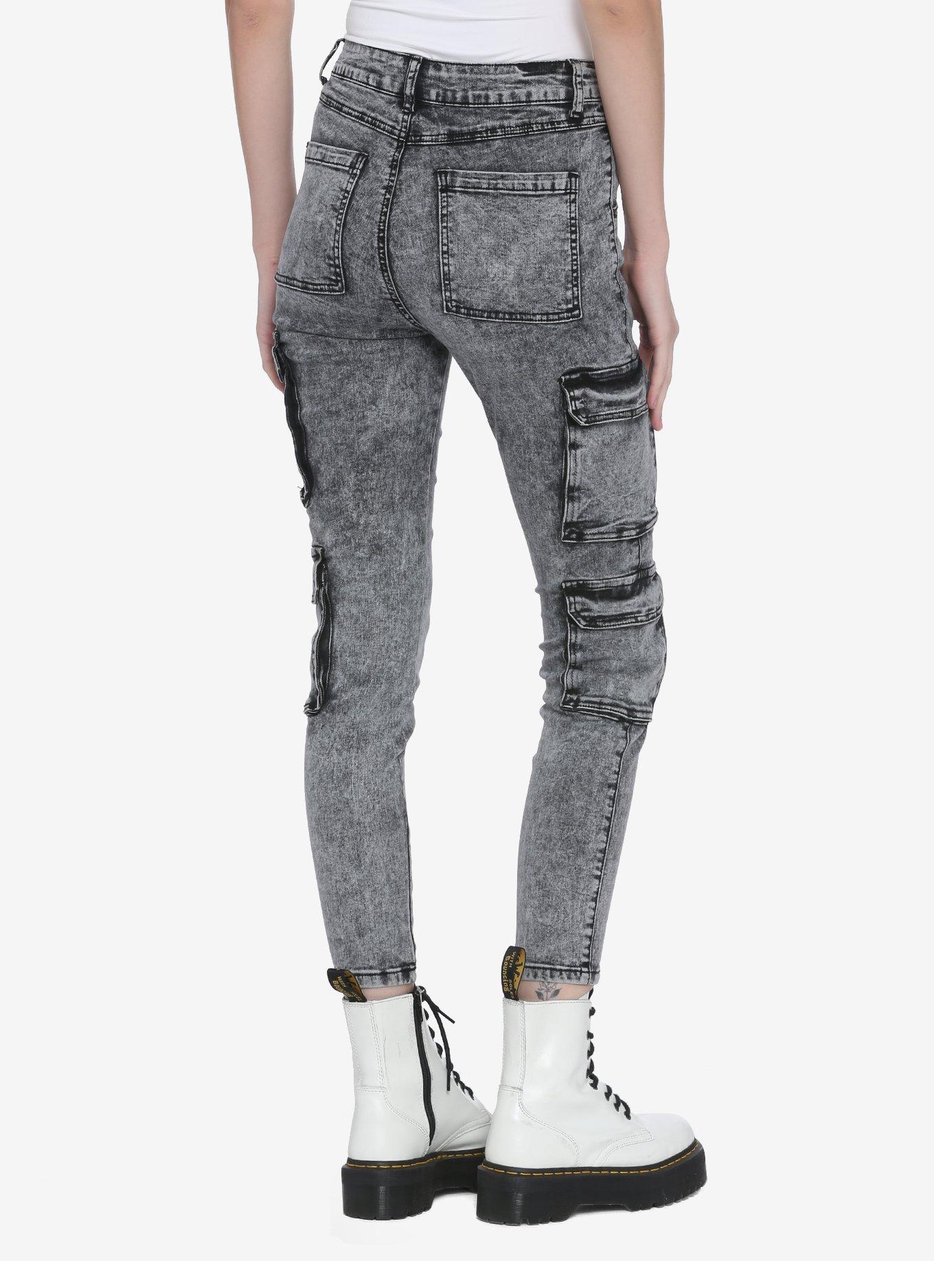 Black Washed Cargo Skinny Jeans, BLACK, alternate