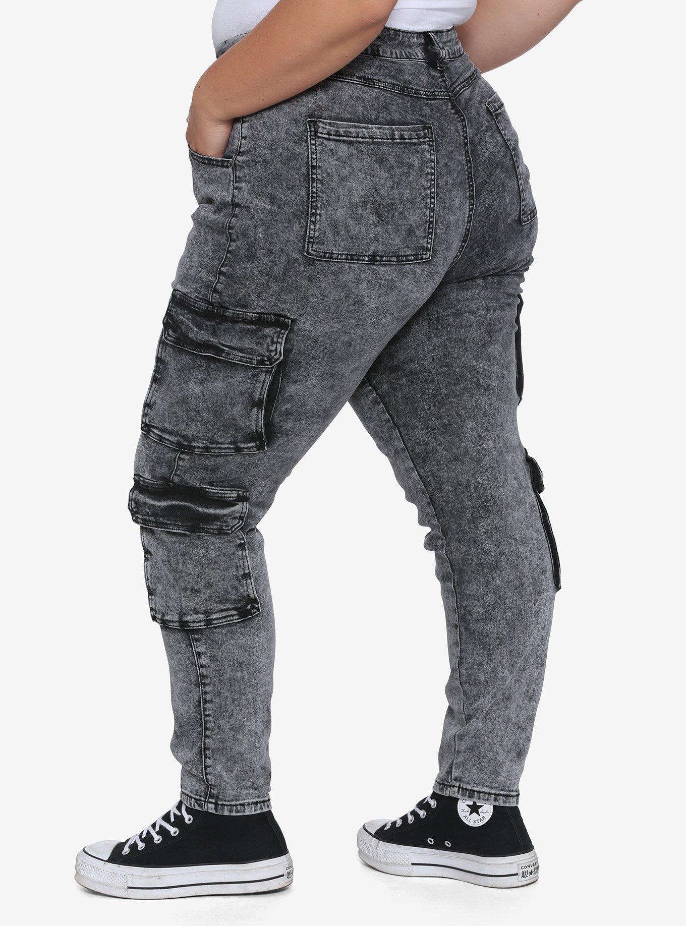 Black Washed Cargo Skinny Jeans Plus Size, BLACK, alternate