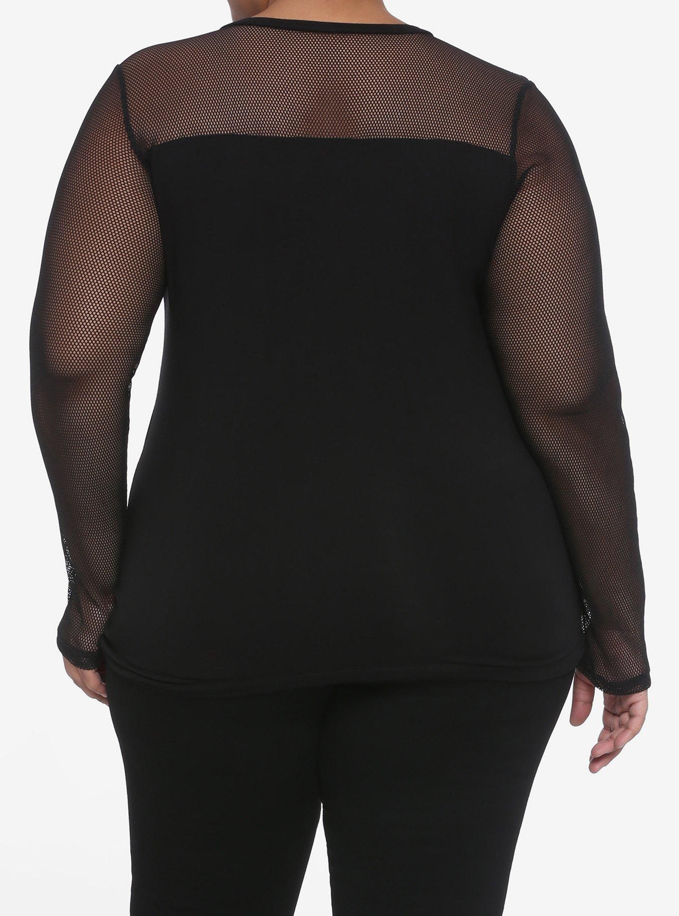 Black Mesh & Panels Long-Sleeve T-Shirt Plus Size, BLACK, alternate