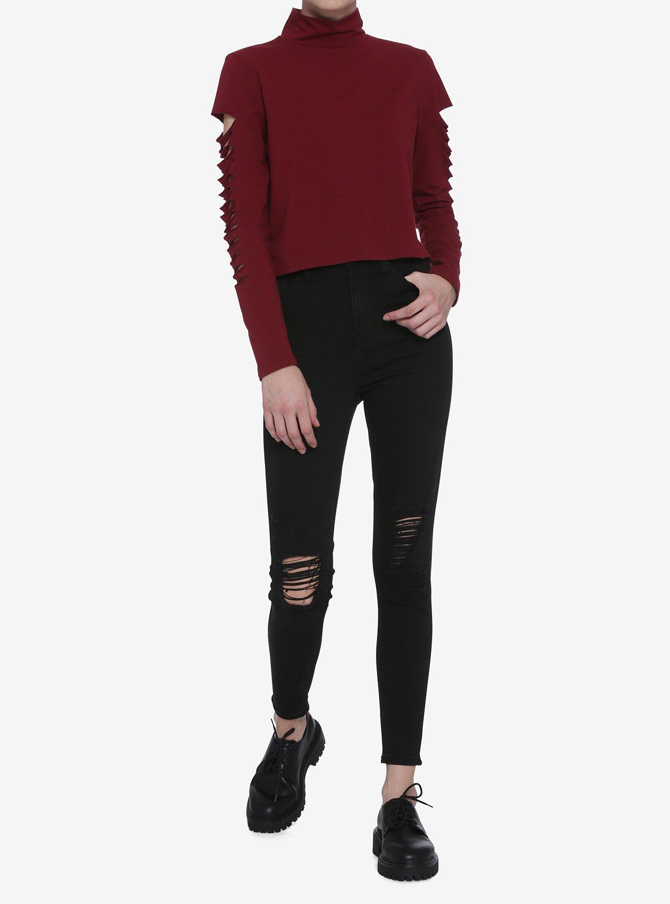 Burgundy Slashed Mock Neck Long-Sleeve Girls Top, BURGUNDY, alternate