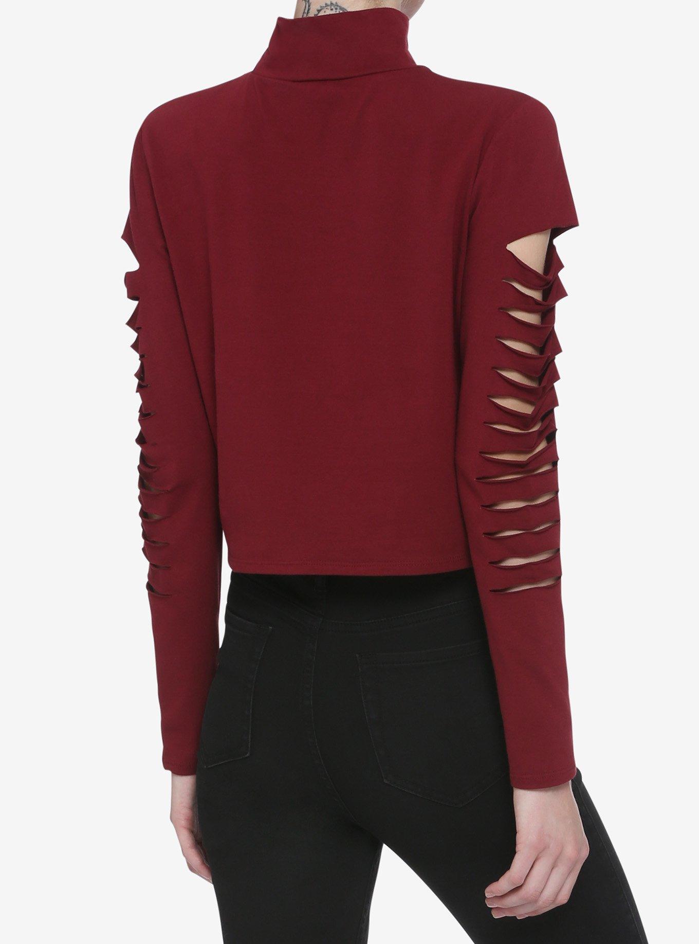 Burgundy Slashed Mock Neck Long-Sleeve Girls Top, BURGUNDY, alternate