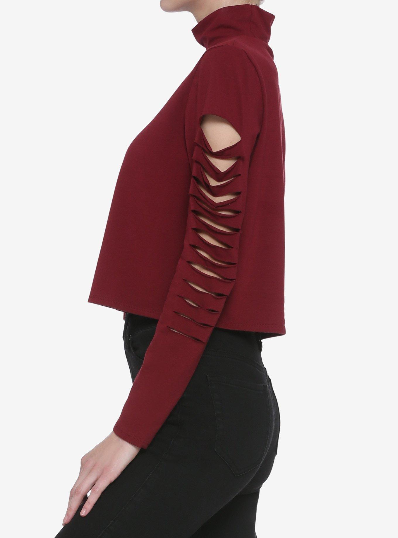 Burgundy Slashed Mock Neck Long-Sleeve Girls Top, BURGUNDY, alternate
