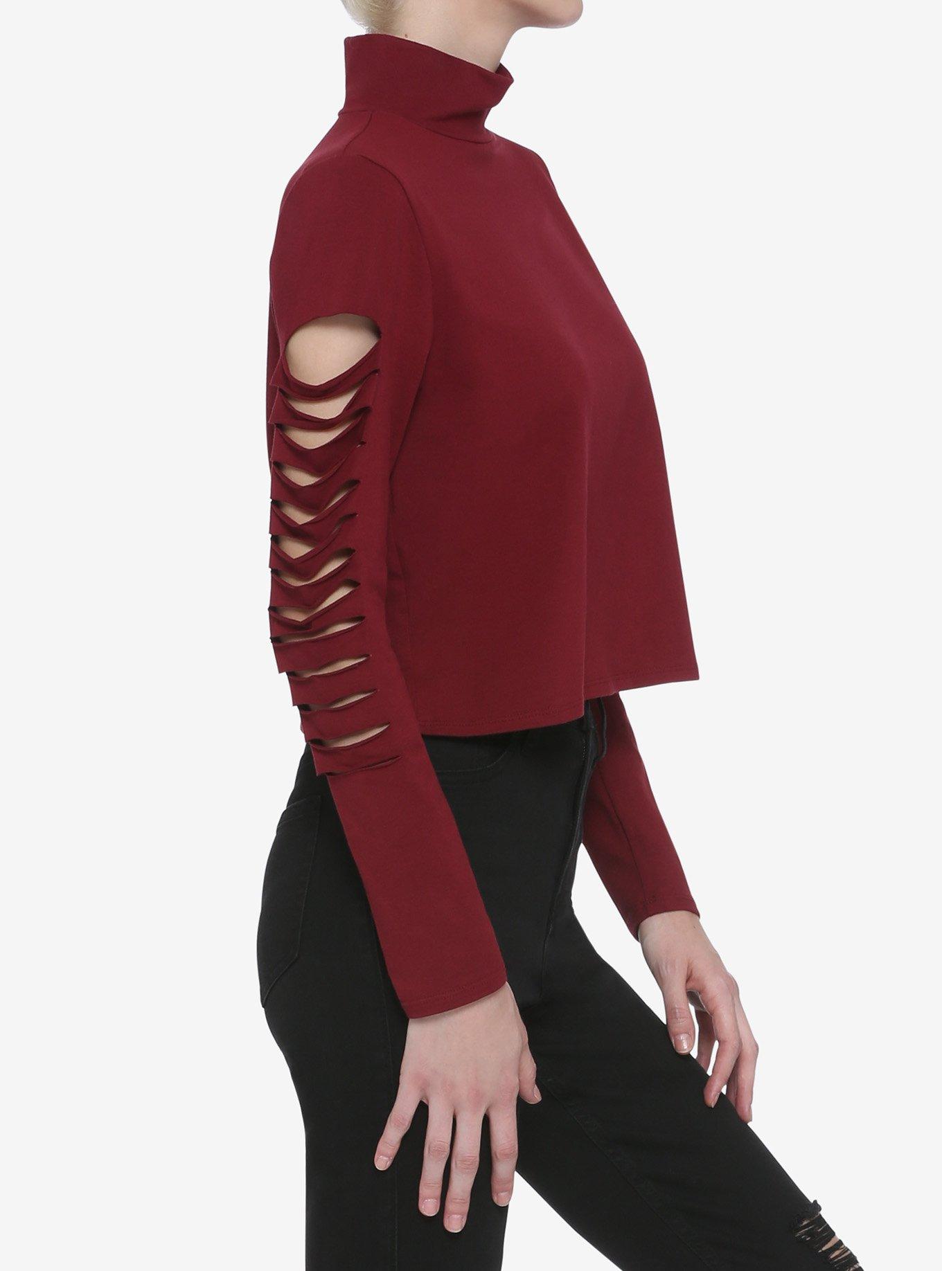 Burgundy Slashed Mock Neck Long-Sleeve Girls Top, BURGUNDY, alternate