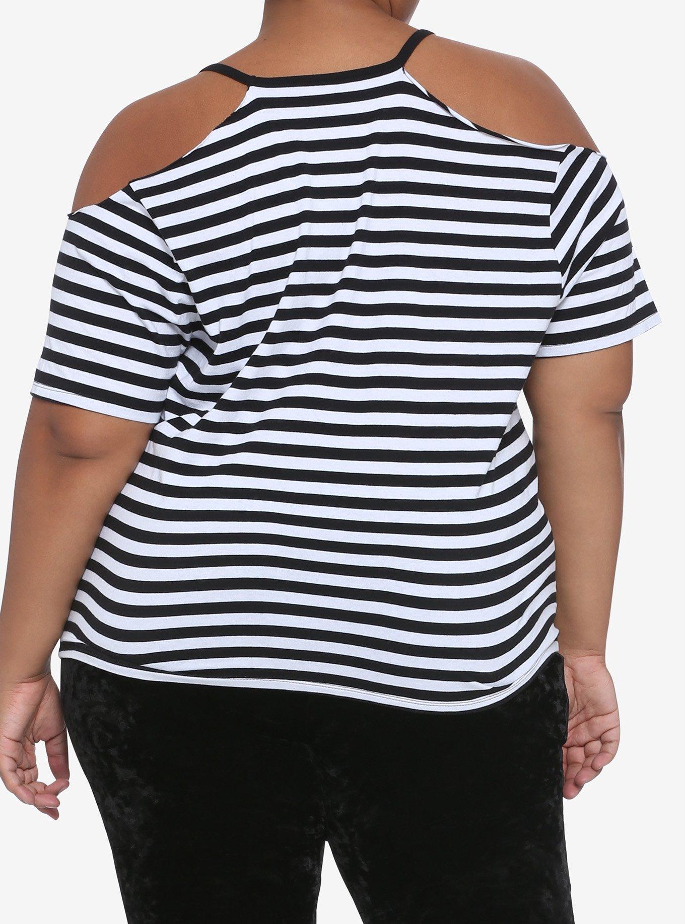 Black & White Stripe Cold Shoulder Girls Top Plus Size, MULTI, alternate