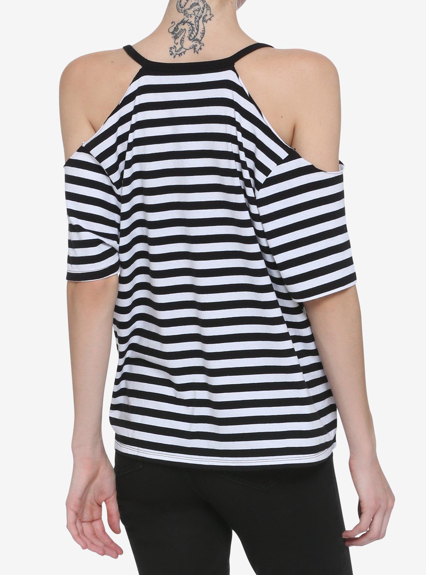 Black & White Stripe Cold Shoulder Girls Top, STRIPE - MULTI, alternate