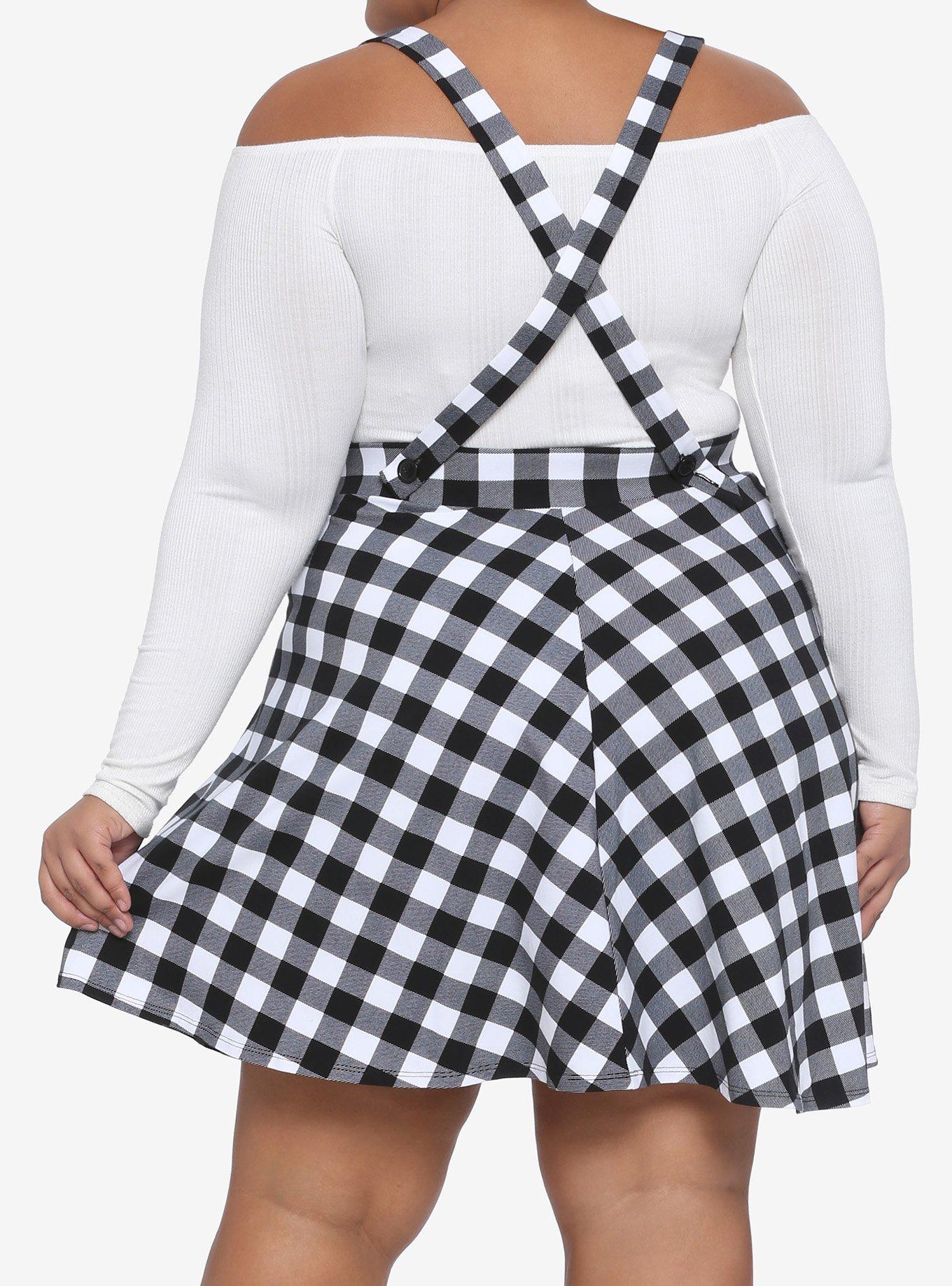 Black & White Gingham Suspender Skirt Plus Size, GINGHAM WHITE-BLACK, alternate