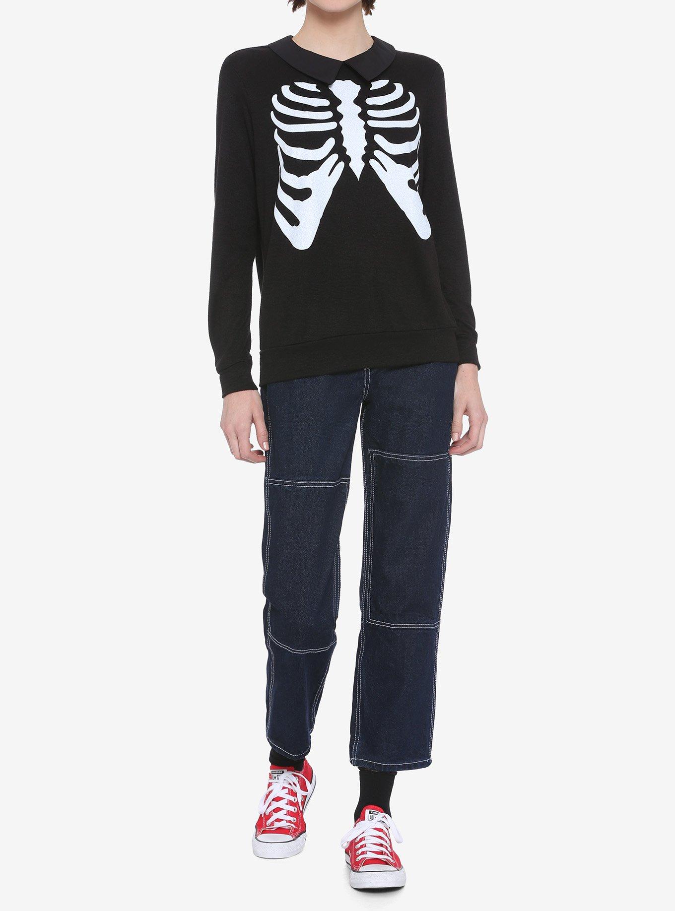 Collared Skeleton Girls Sweater, BLACK, alternate