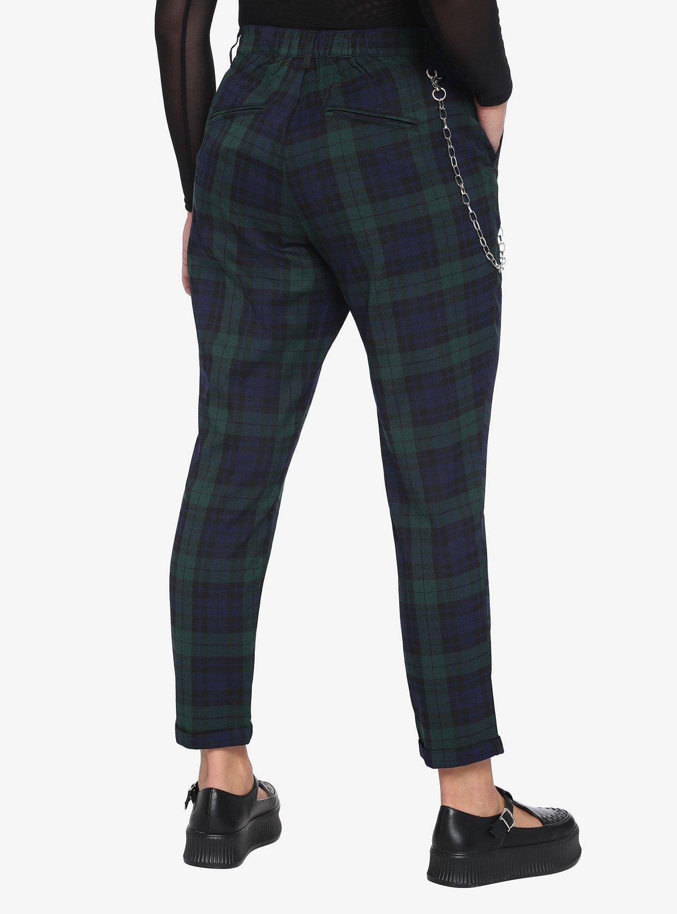 Blue & Green Plaid Pants With Detachable Chain, PLAID - GREEN, alternate