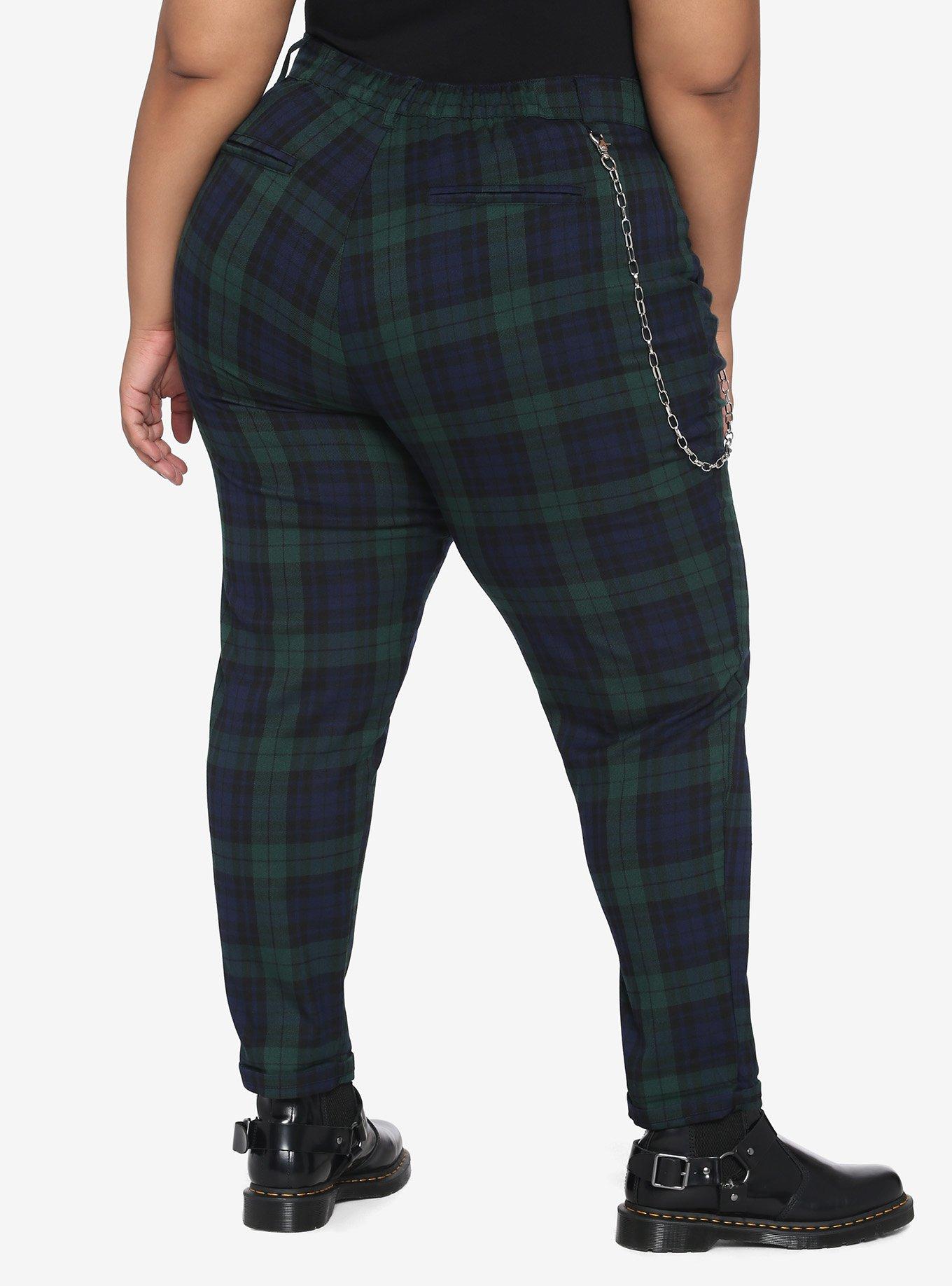 Blue & Green Plaid Pants With Detachable Chain Plus Size, PLAID - GREEN, alternate