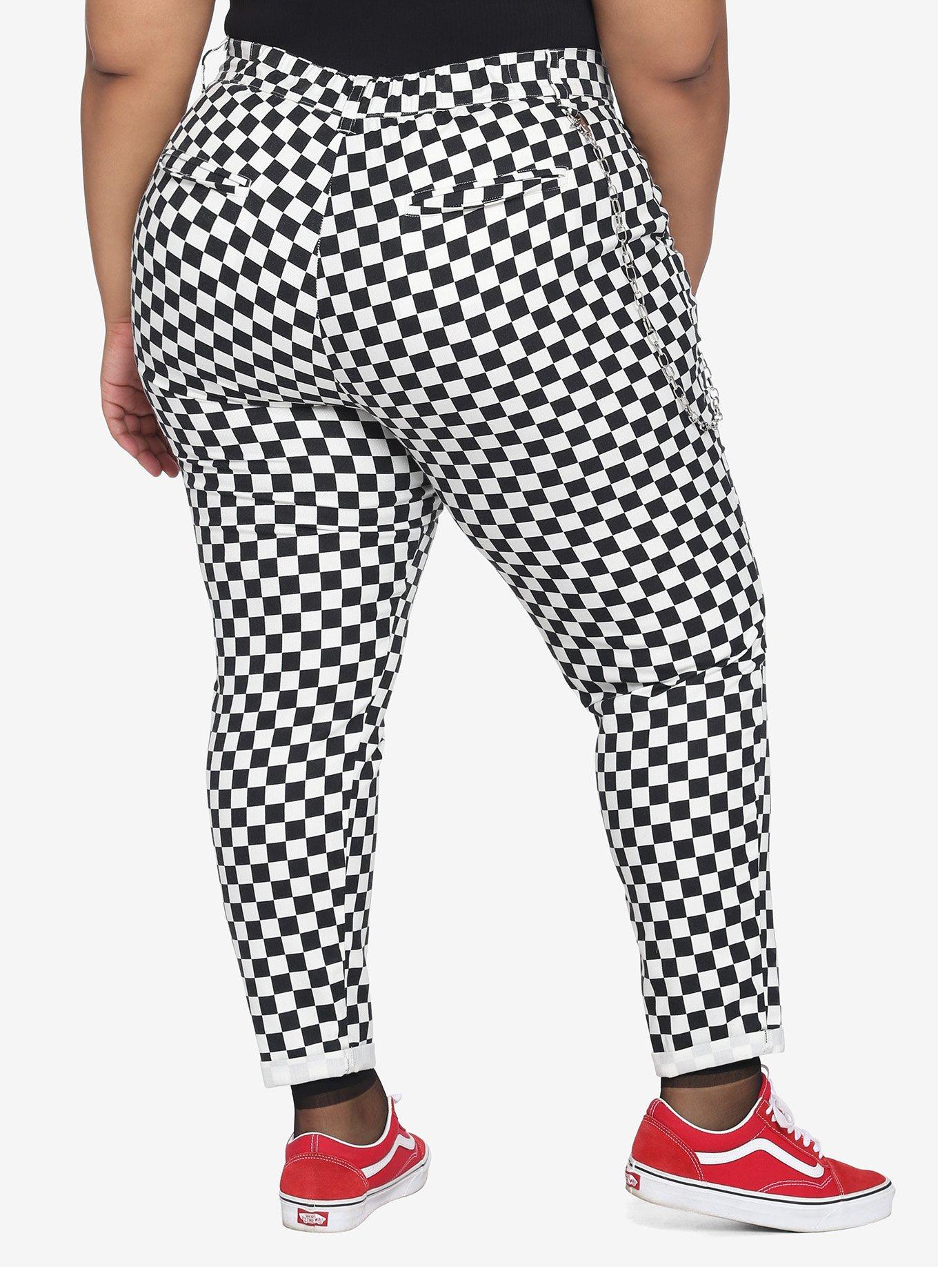 Black & White Checkered Pants With Detachable Chain Plus Size, MULTI, alternate
