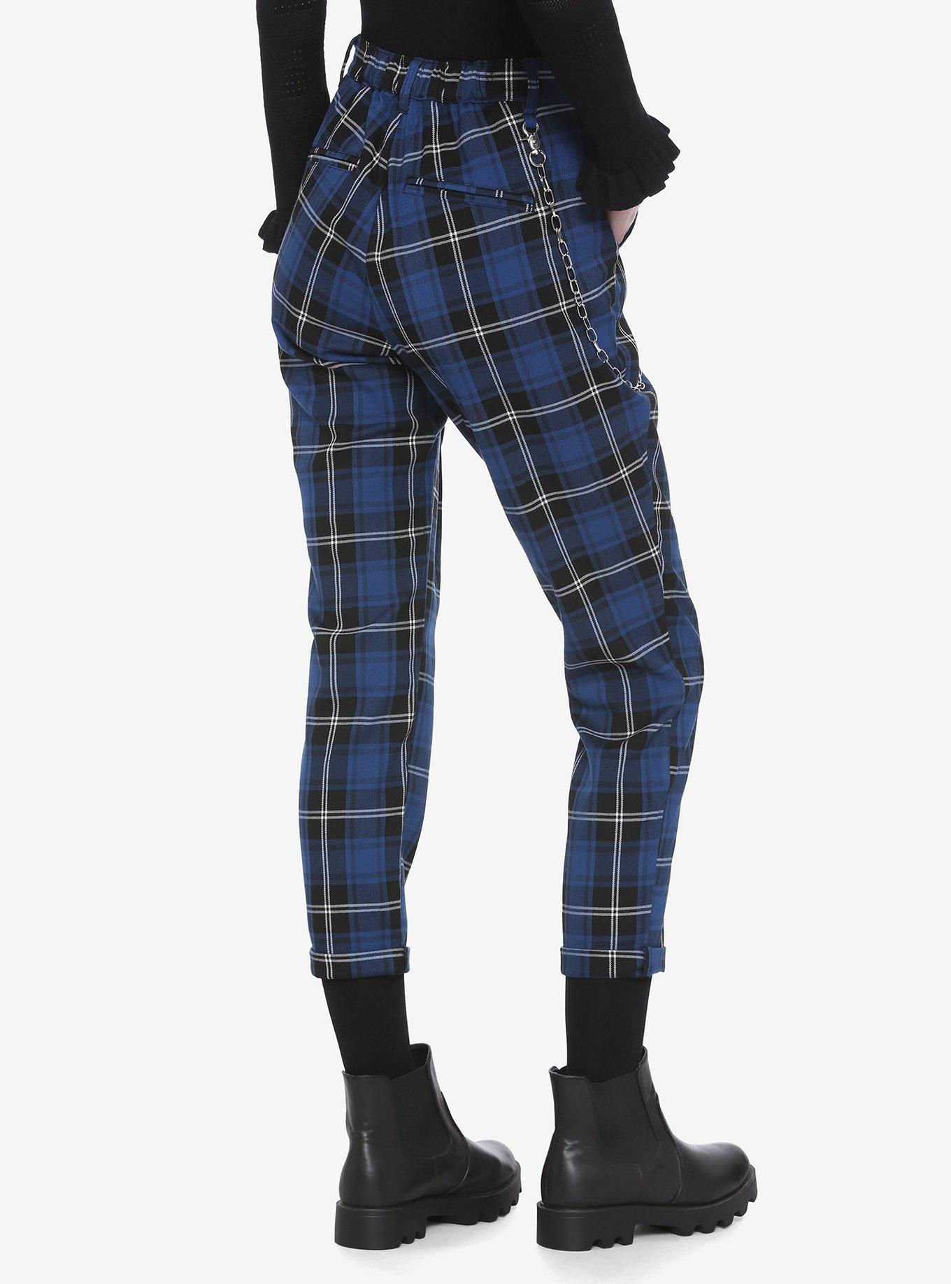 Blue Plaid Pants With Detachable Chain