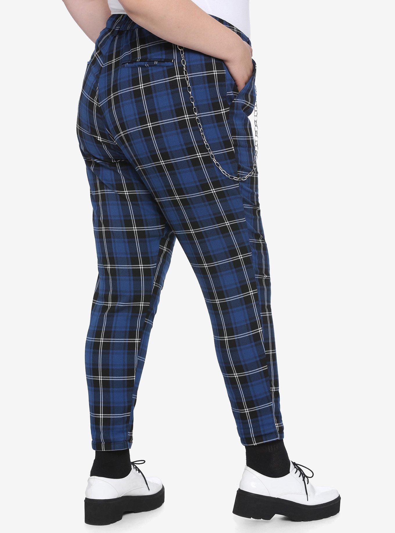 Blue Plaid Pants With Detachable Chain Plus Size, PLAID - BLUE, alternate