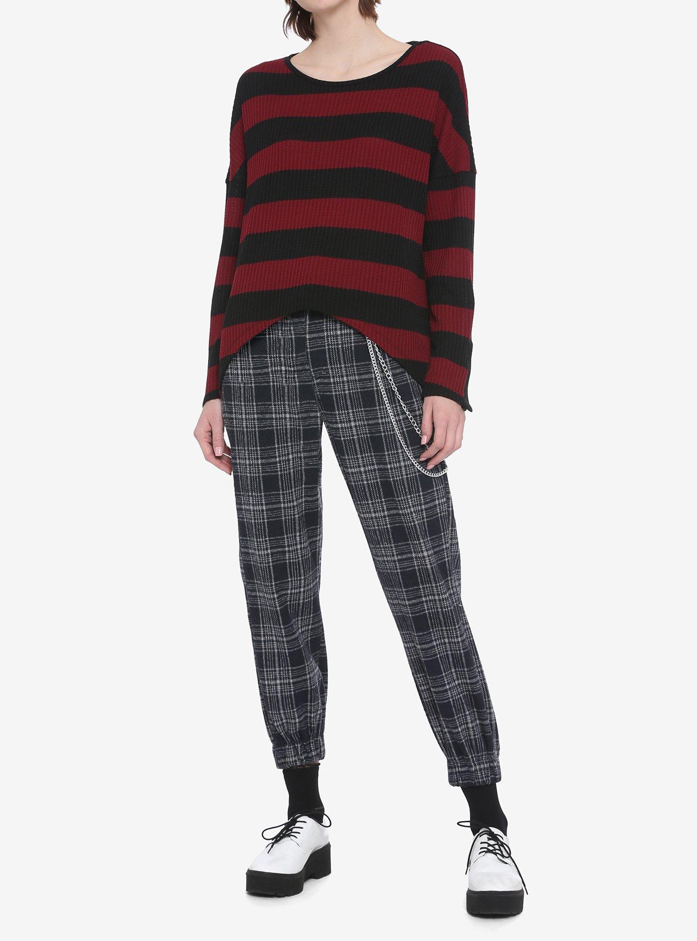 Burgundy & Black Stripe Waffle-Knit Shark Bite Girls Sweater, STRIPES - RED, alternate