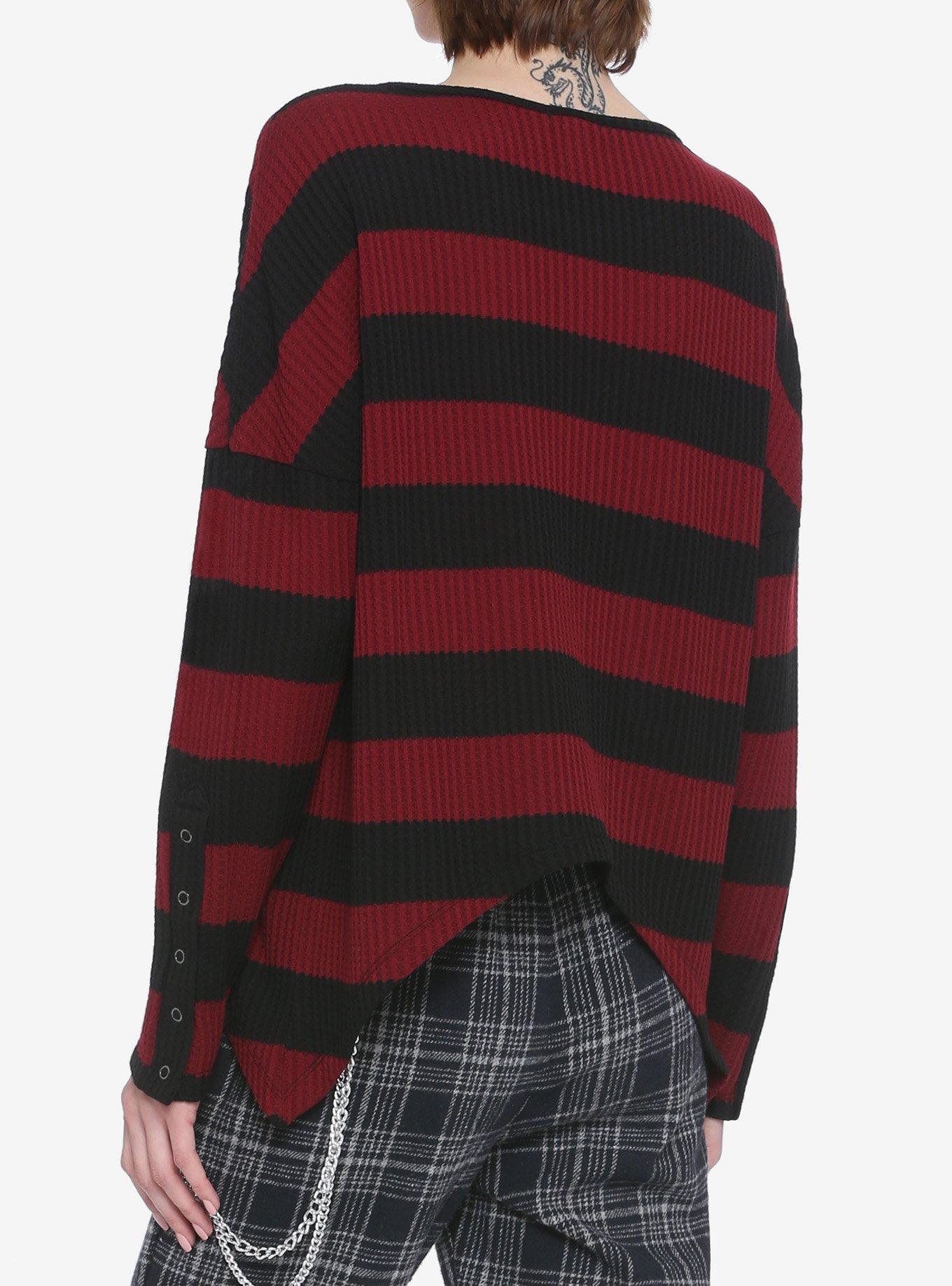 Burgundy & Black Stripe Waffle-Knit Shark Bite Girls Sweater, STRIPES - RED, alternate