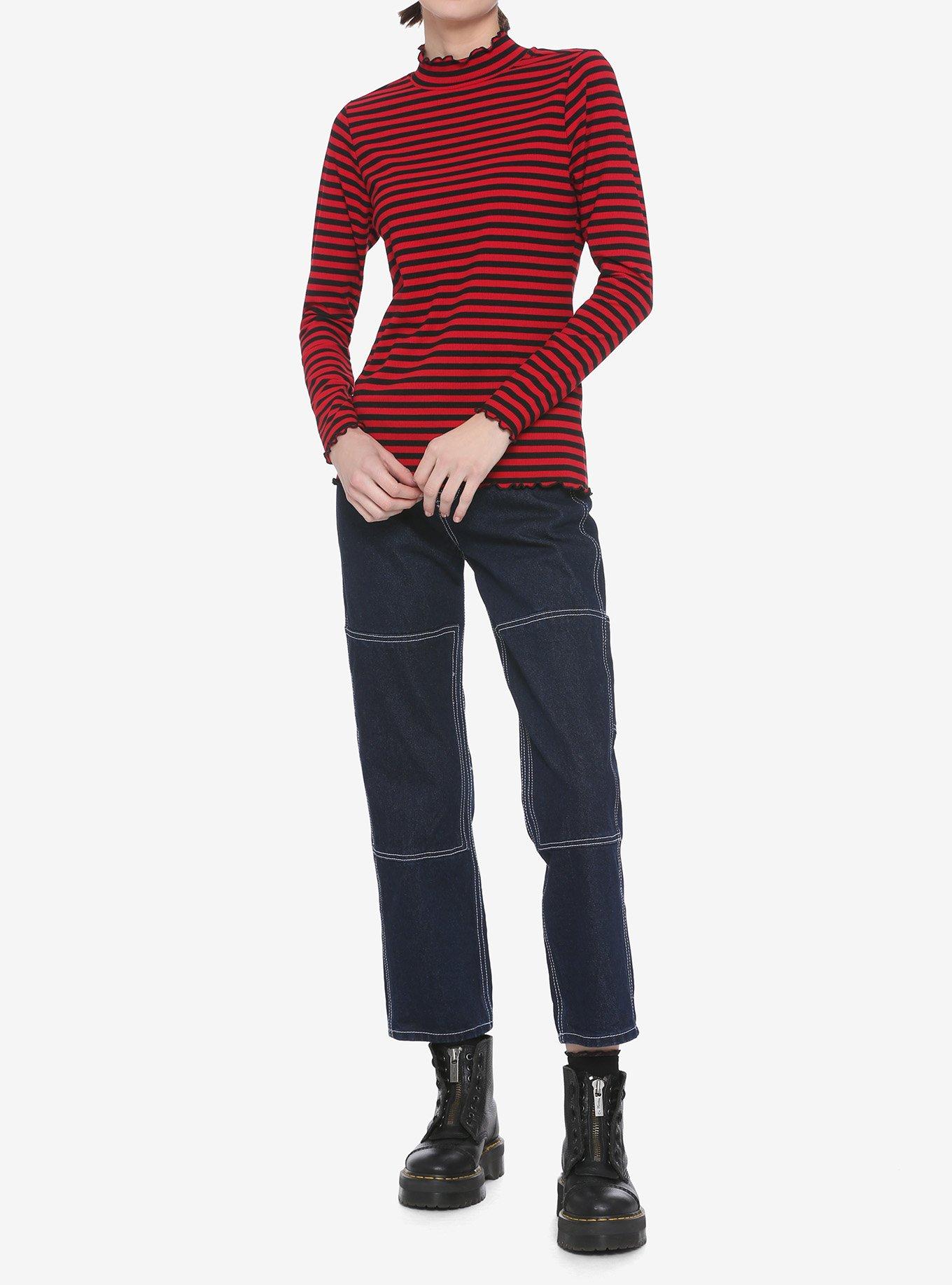 Black & Red Stripe Mock Neck Girls Long-Sleeve Top, STRIPES - RED, alternate