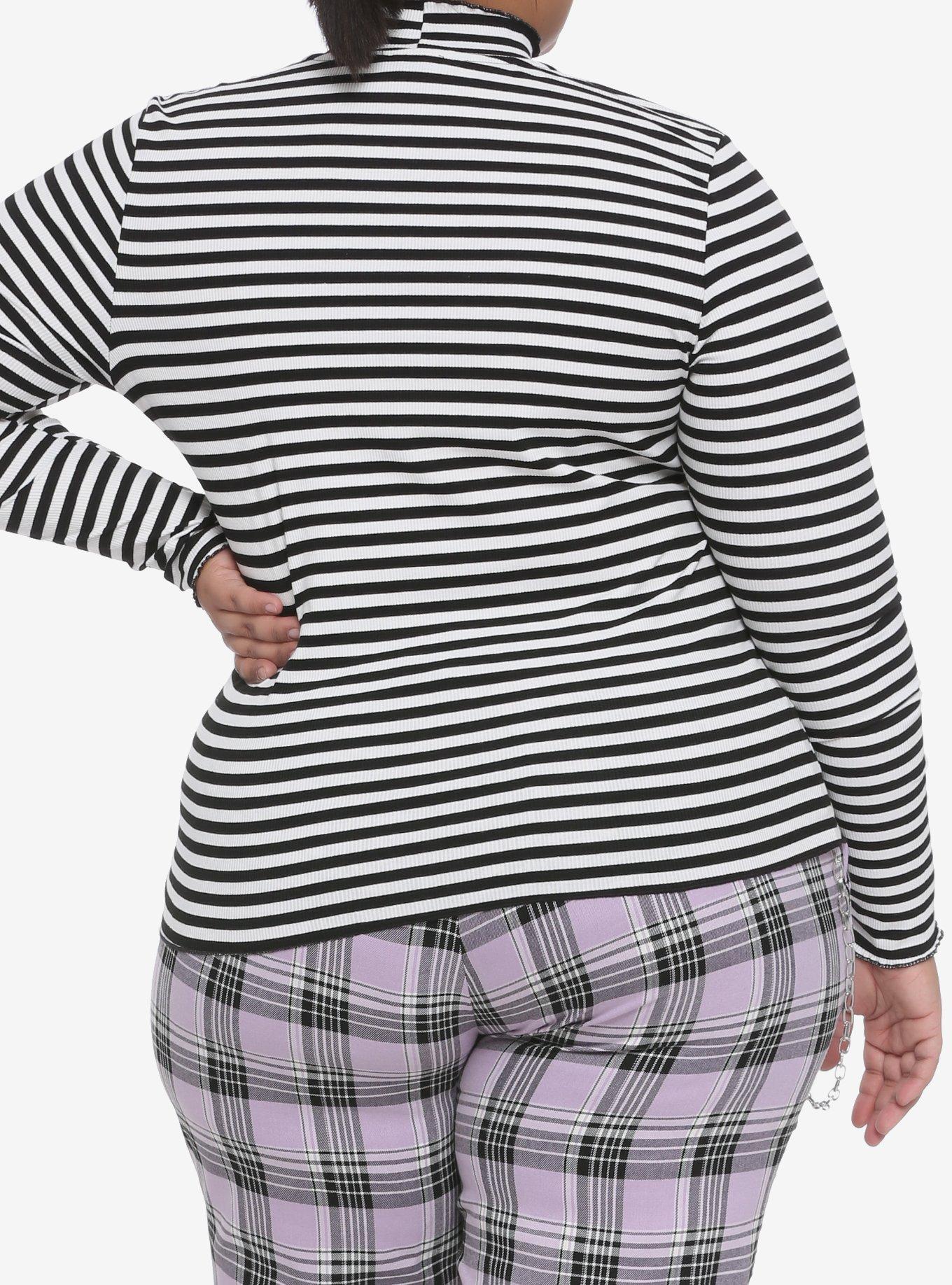 Black & White Stripe Mock Neck Girls Long-Sleeve Top Plus Size, BLACK  WHITE, alternate