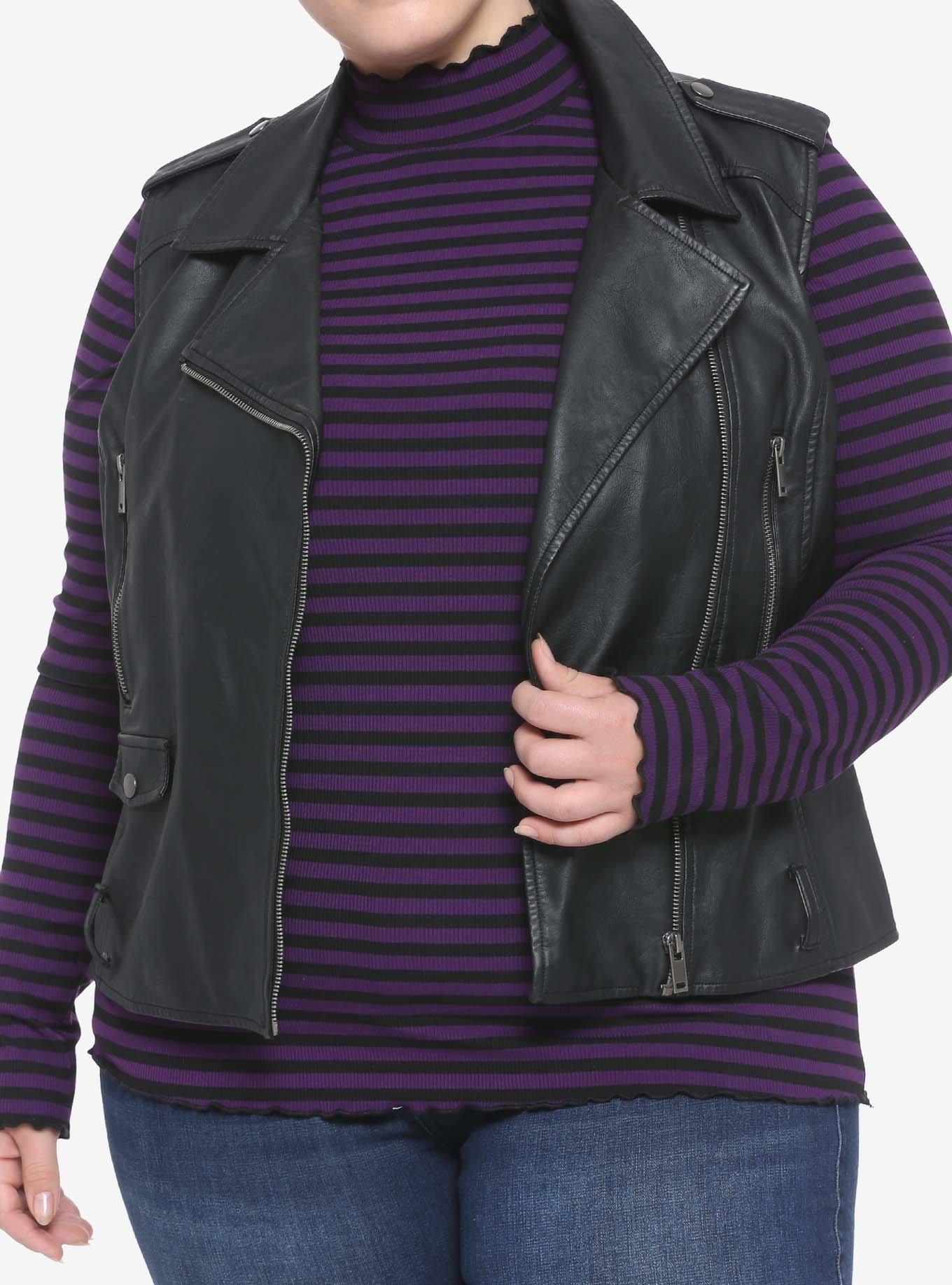 Black & Purple Stripe Mock Neck Girls Long-Sleeve Top Plus Size, STRIPE - PURPLE, alternate
