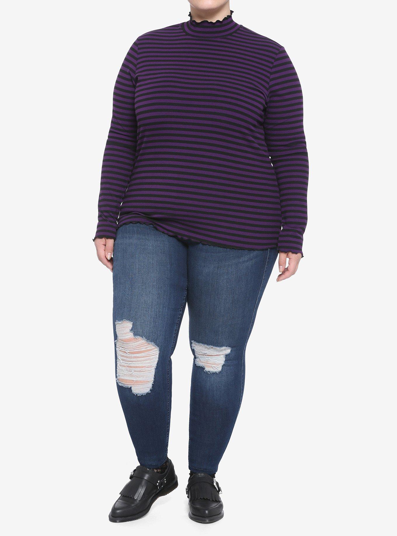 Black & Purple Stripe Mock Neck Girls Long-Sleeve Top Plus Size, STRIPE - PURPLE, alternate