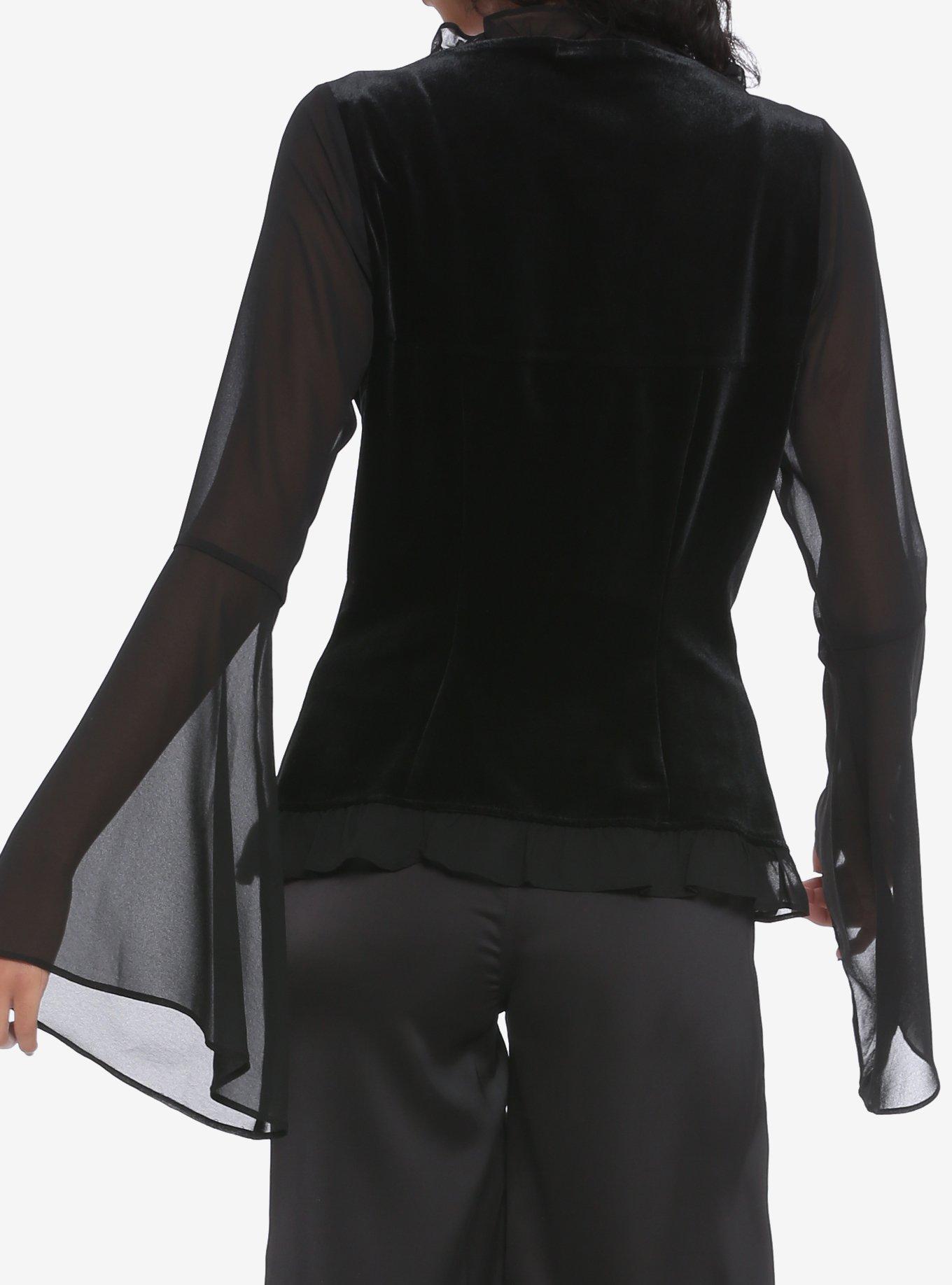 Black Velvet & Sheer Bell Sleeve Girls Top, BLACK, alternate