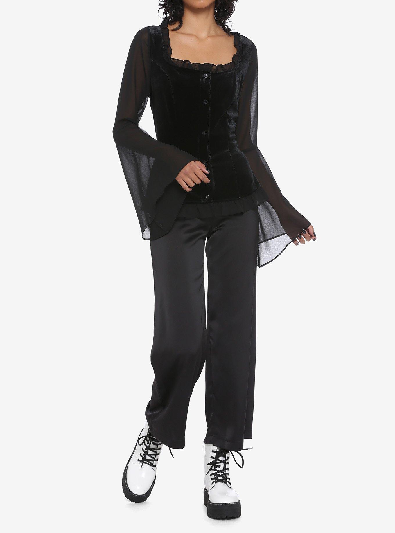 Black Velvet & Sheer Bell Sleeve Girls Top, BLACK, alternate