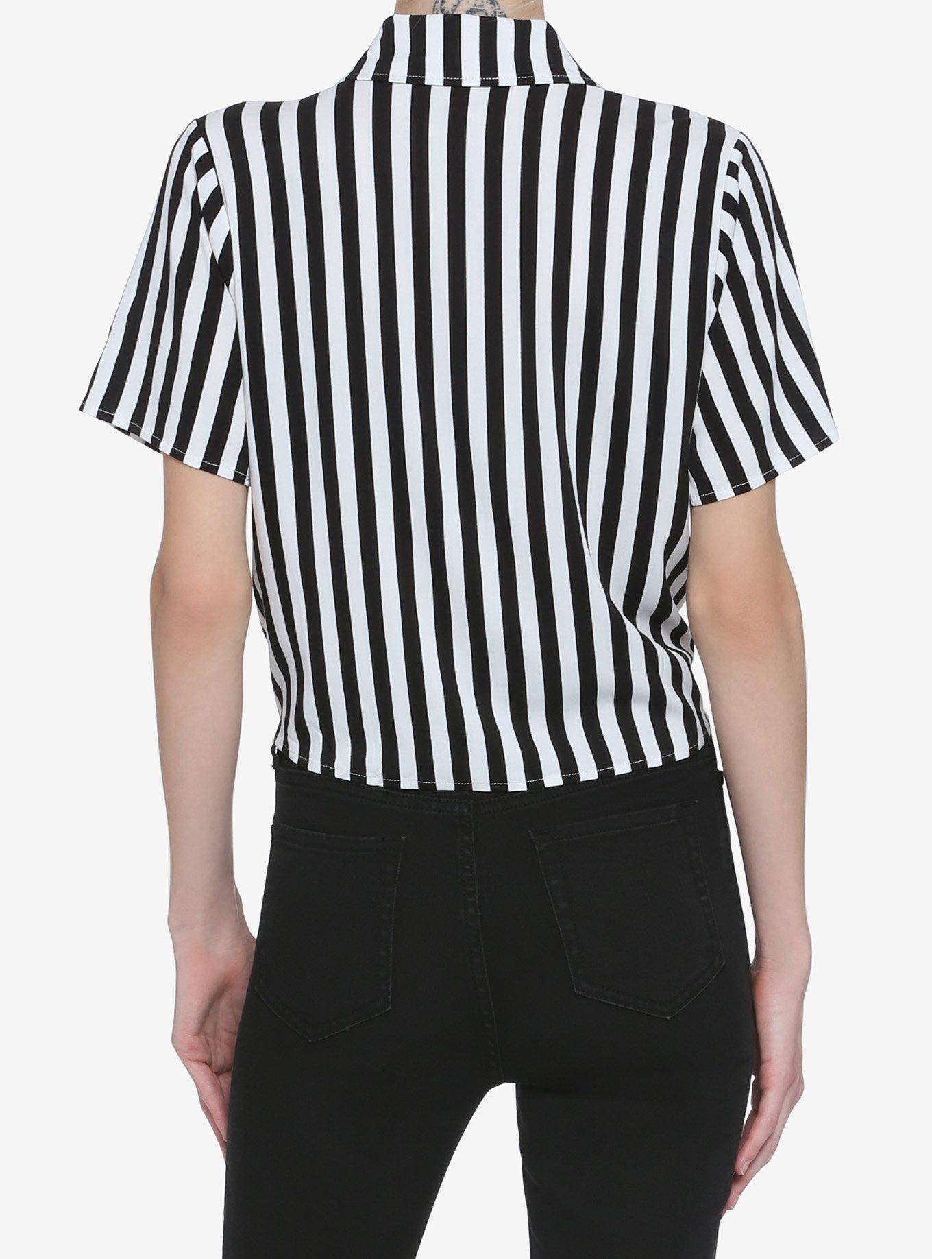 Black & White Stripe Tie-Front Girls Woven Button-Up, STRIPE-BLACK WHITE, alternate