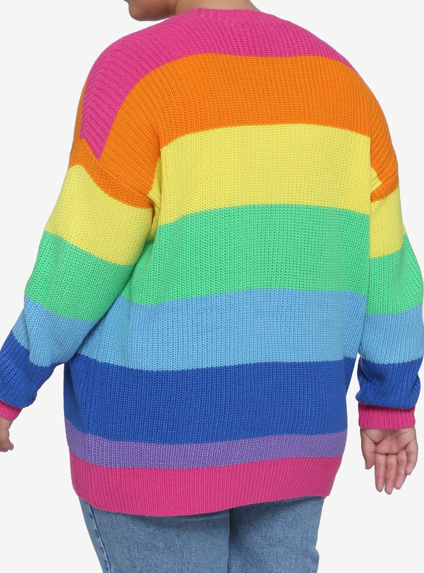 Rainbow Stripe Chunky Knit Girls Cardigan Plus Size, RAINBOW, alternate