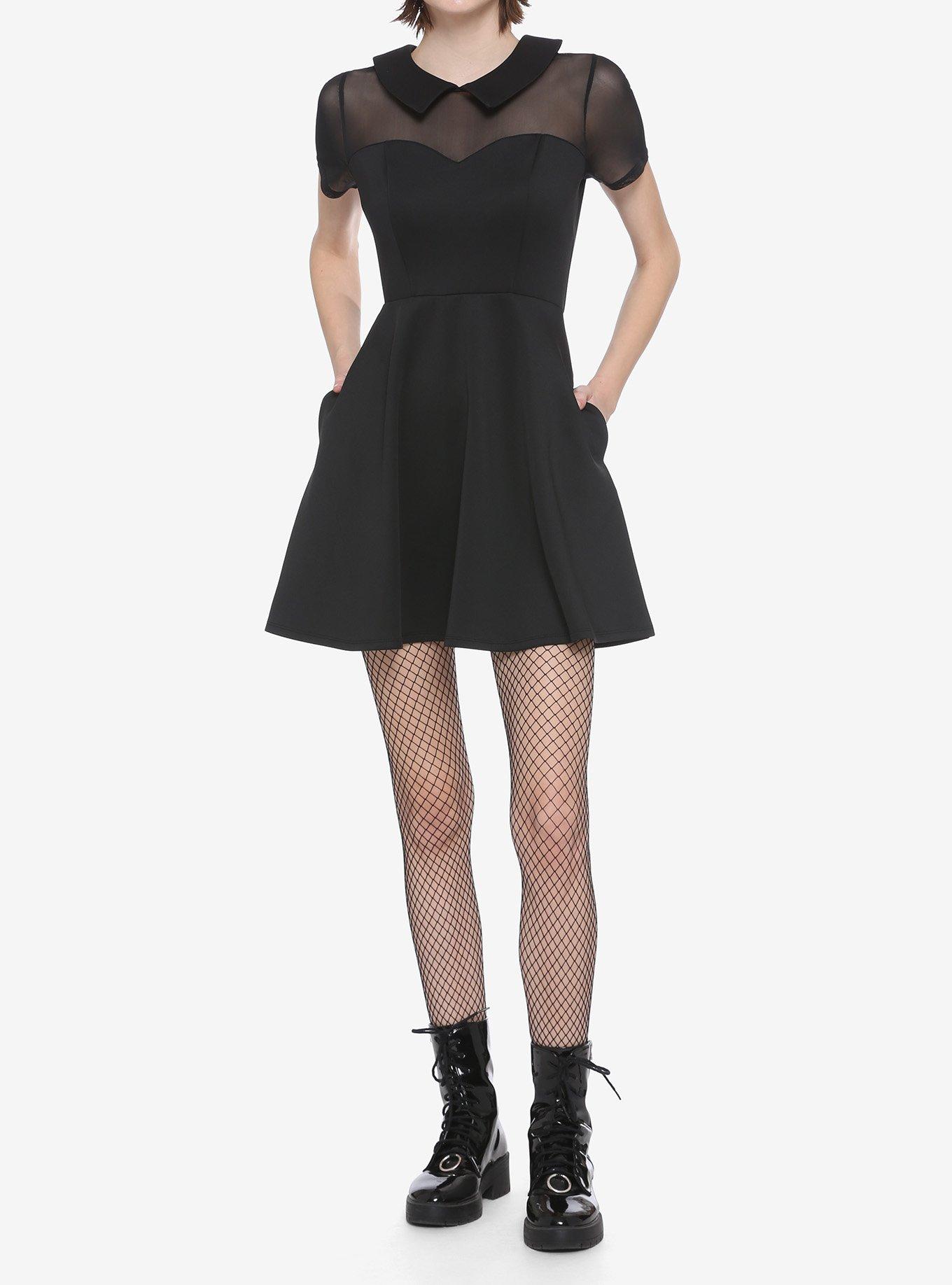 Collared Mesh Panel Skater Dress, BLACK, alternate