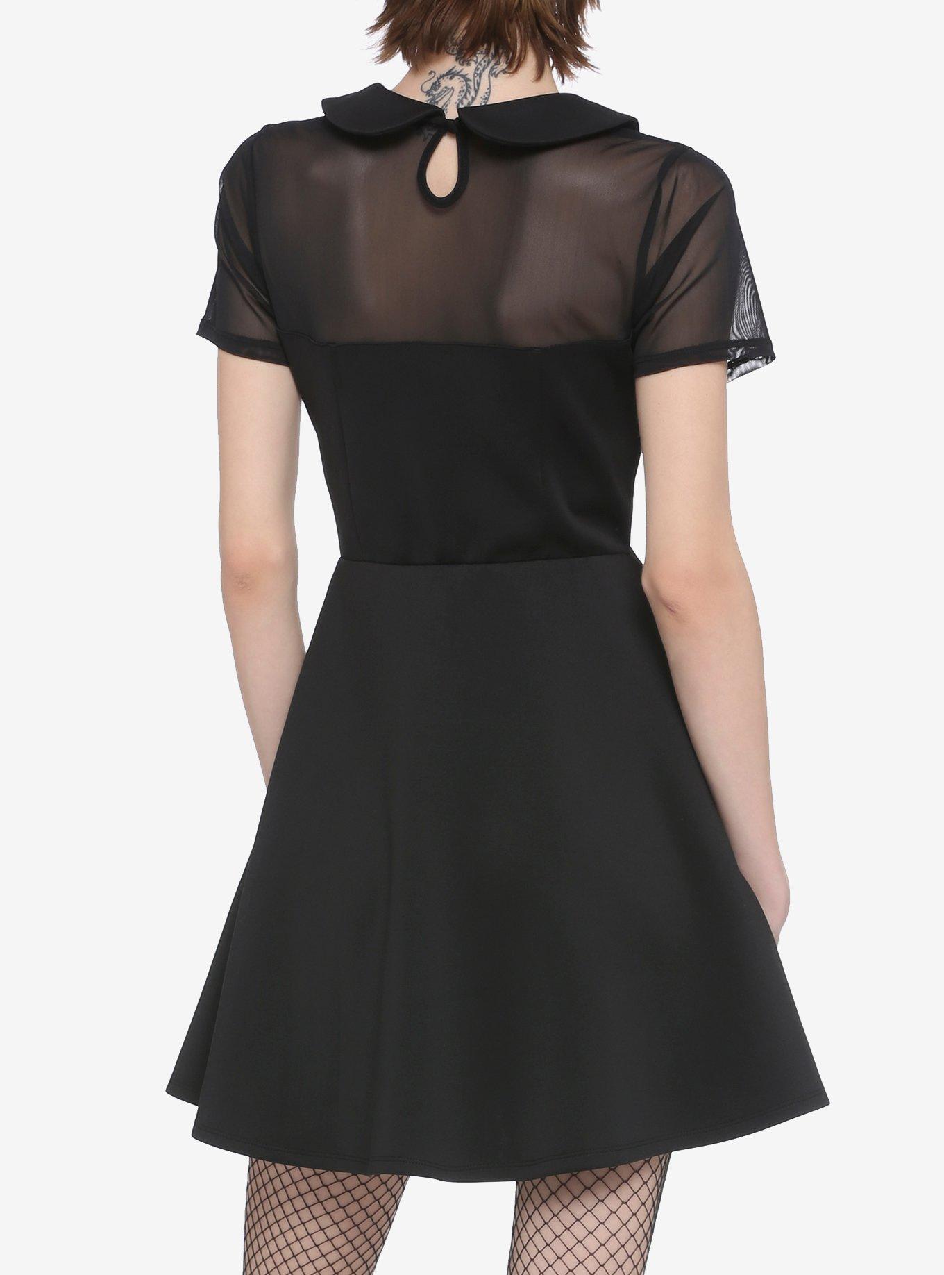 Collared Mesh Panel Skater Dress, BLACK, alternate
